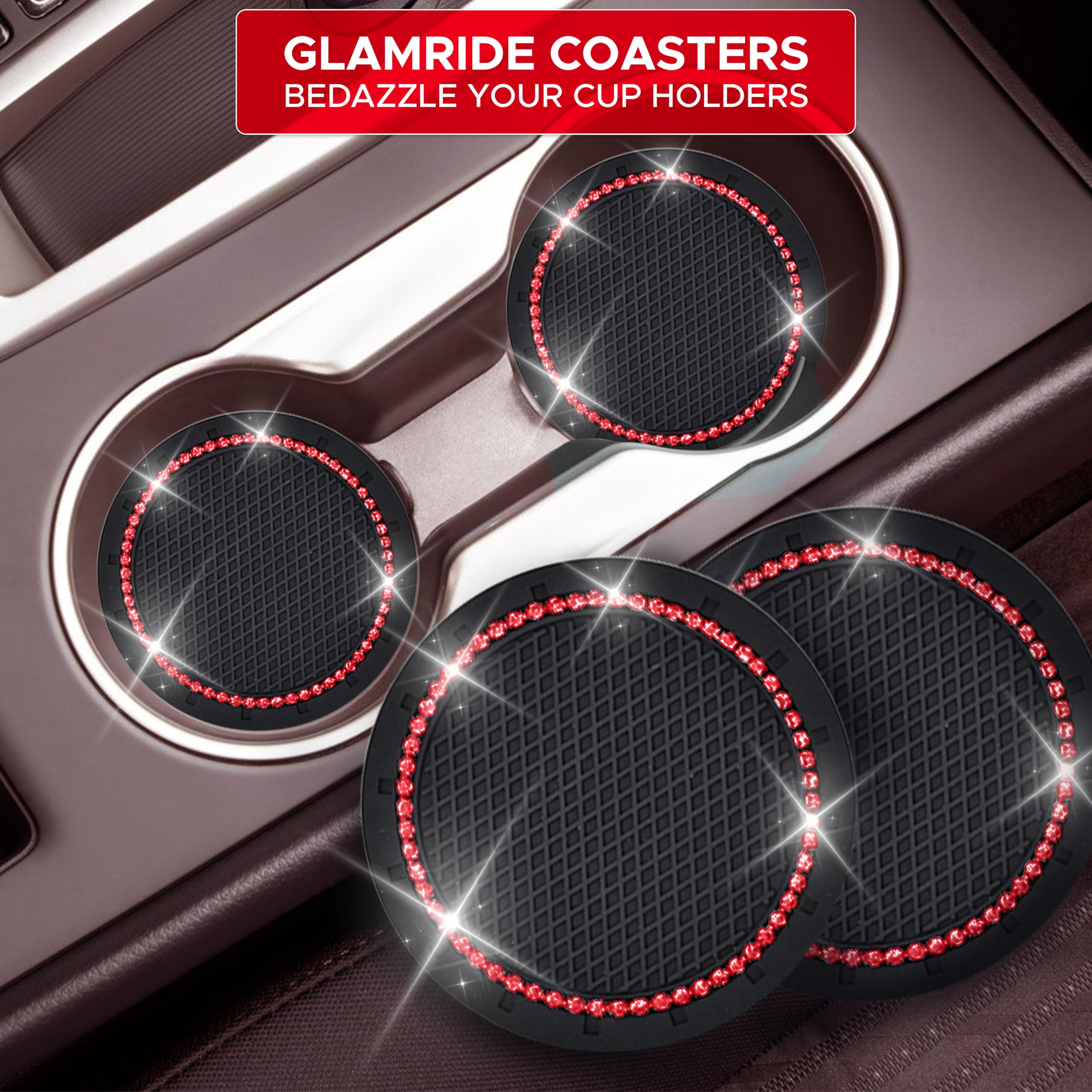 EcoNour 2-Pack Anti-Slip Car Cup Coasters with Rhinestone Push Start Button Bling Ring (1 Pack) | Crystal Decor Coasters for Women | Perfect for Cars, Trucks & RVs | Keep Your Vehicle Clean & Stylish While Driving