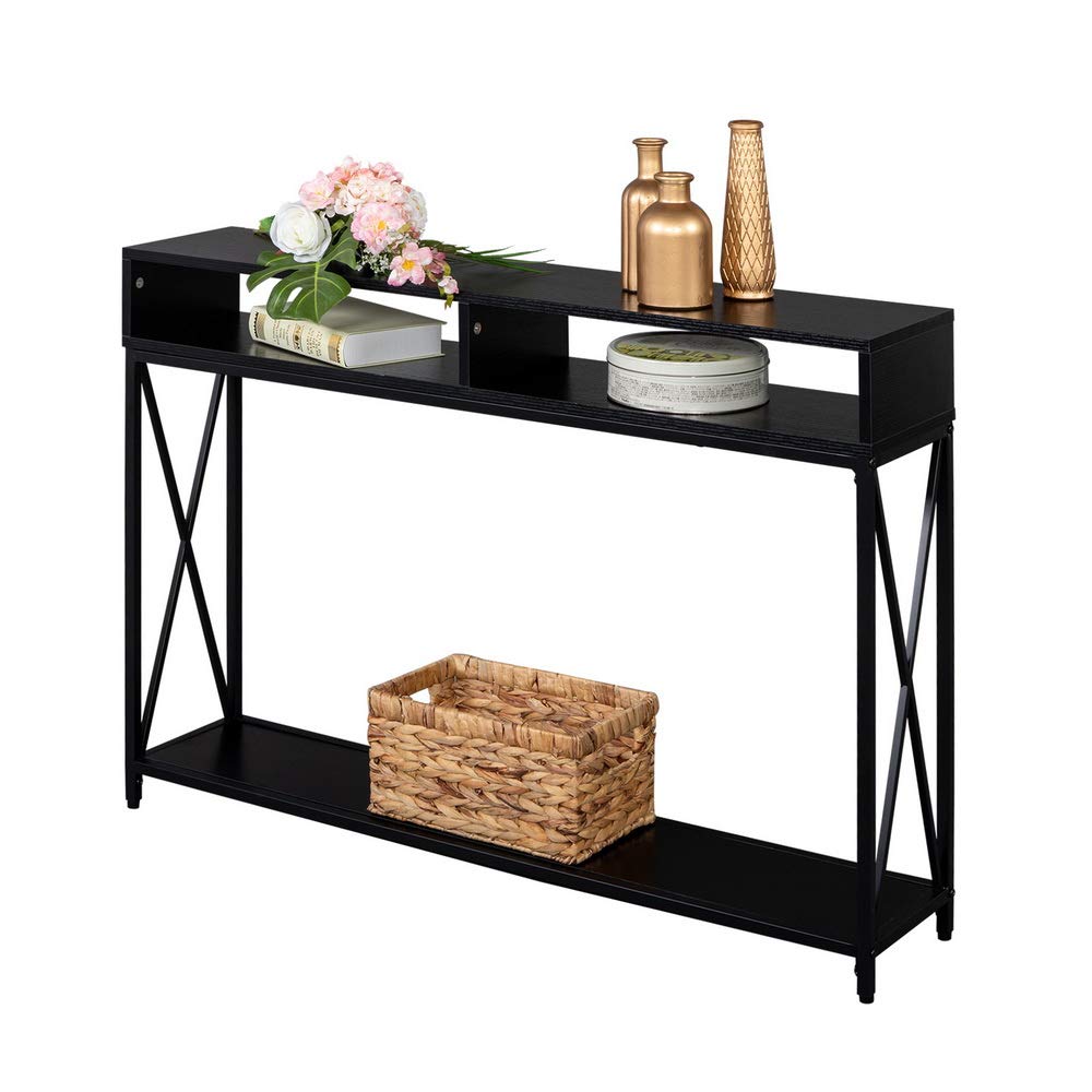 Industrial Sofa Console Table with 3-Tier Storage Shelves - Sturdy X-Shaped Design, Easy Assembly - Perfect for Entryway, Living Room & Hallway Display - Ideal for Organizing Keys, Decor & Essentials