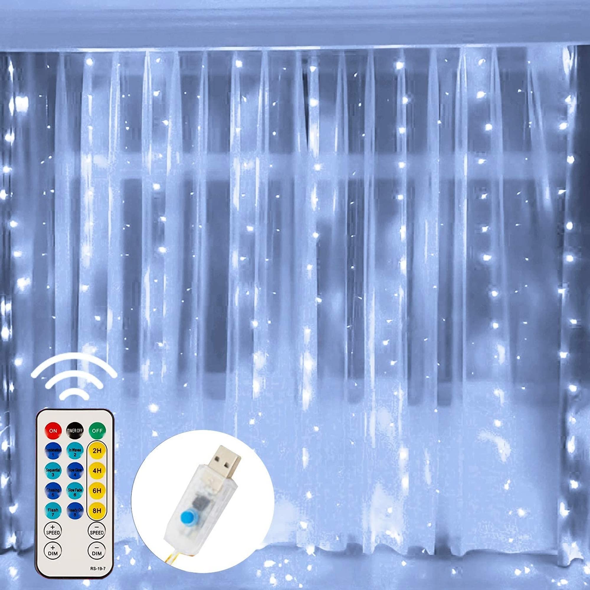 300 LED USB Powered Window Curtain String Lights - 8 Lighting Modes Waterproof Fairy Lights for Christmas Decor, Bedroom, Wedding, Party & Garden Wall Decorations (White) | Perfect for Indoor/Outdoor Holiday Lighting & Romantic Ambiance