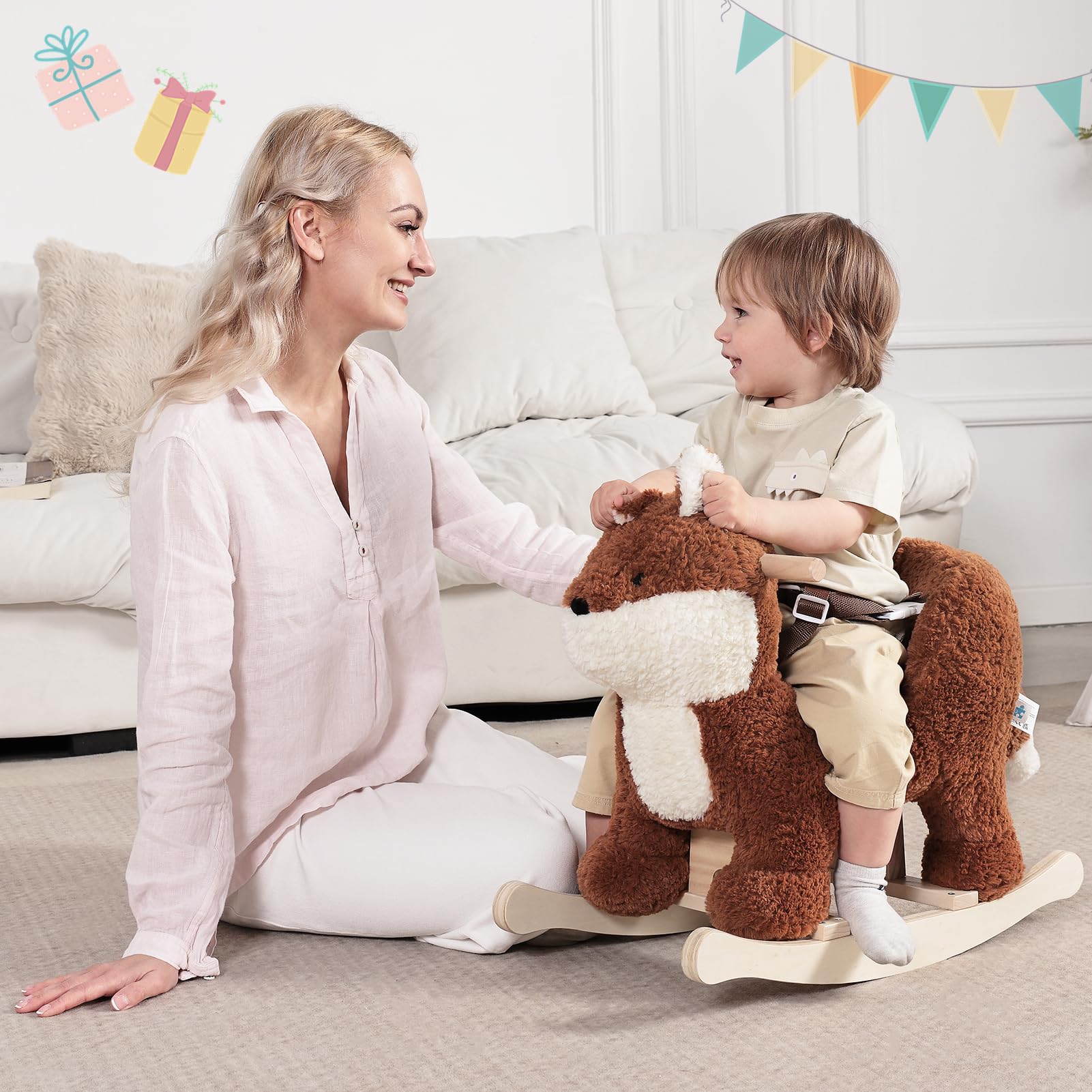 Labebe - Soft Plush Fox Rocking Horse with Safety Seat Belt for Babies & Toddlers 6M-3 Years | Brownish Red Animal Rocker Toy for Boys & Girls | Perfect Nursery Decor, First Birthday Gift & Indoor Play Activity