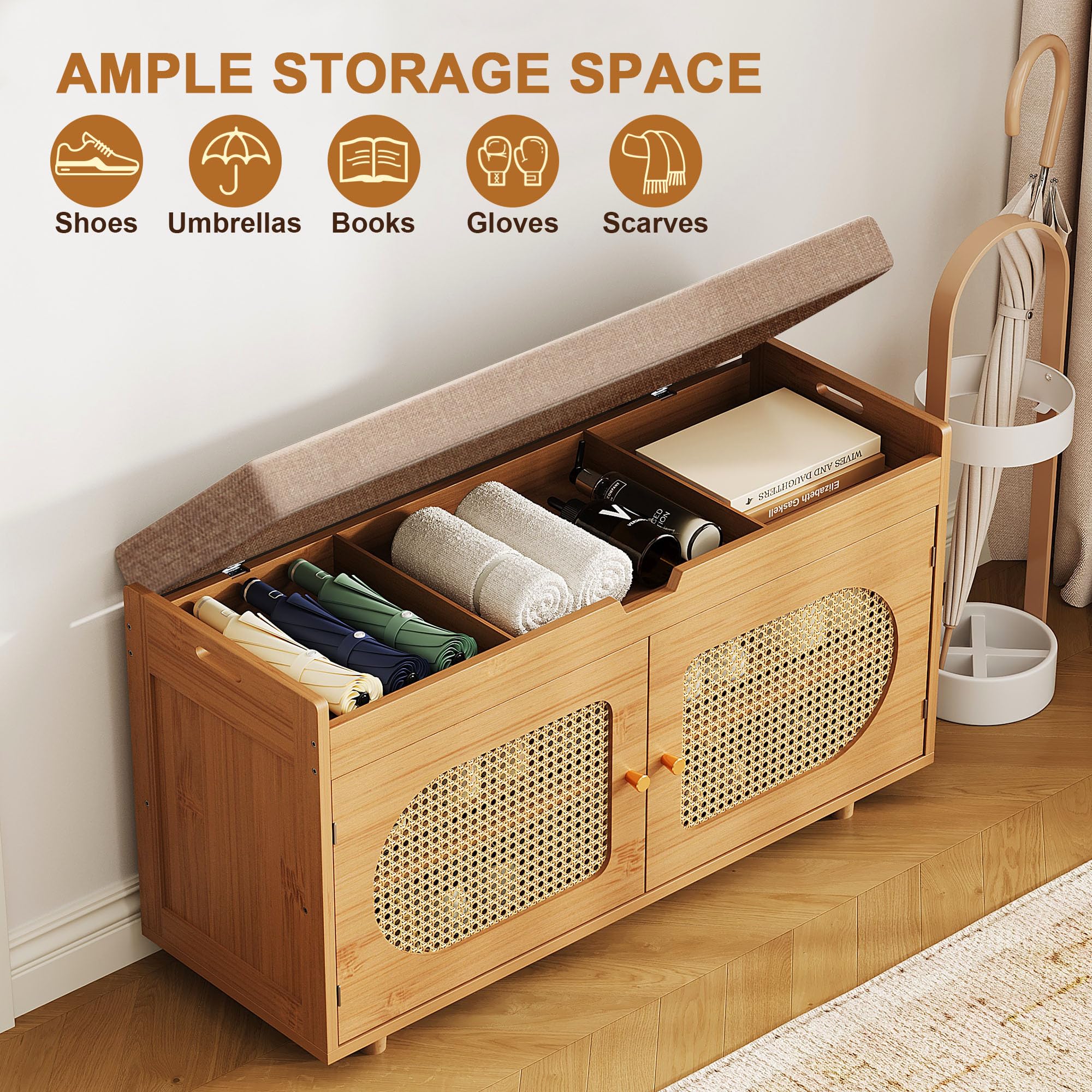 Rattan Shoe Storage Bench - Entryway Organizer with Bamboo Shoe Cabinet, Brown | Space-Saving Shoe Rack for Hallway, Bedroom & Mudroom Organization