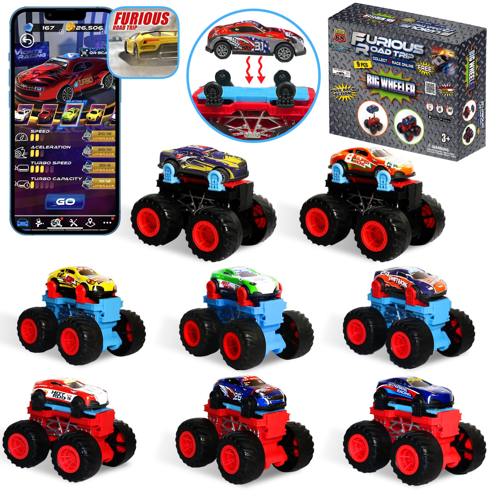 Golden Wheel 9-Pack Pull Back Cars & Monster Trucks - 1:64 Scale Die-Cast Toy Vehicles for Boys Age 3+ | Mini Race Car Set with Free Online Games | Perfect for Birthday Gifts, Playtime & Collecting