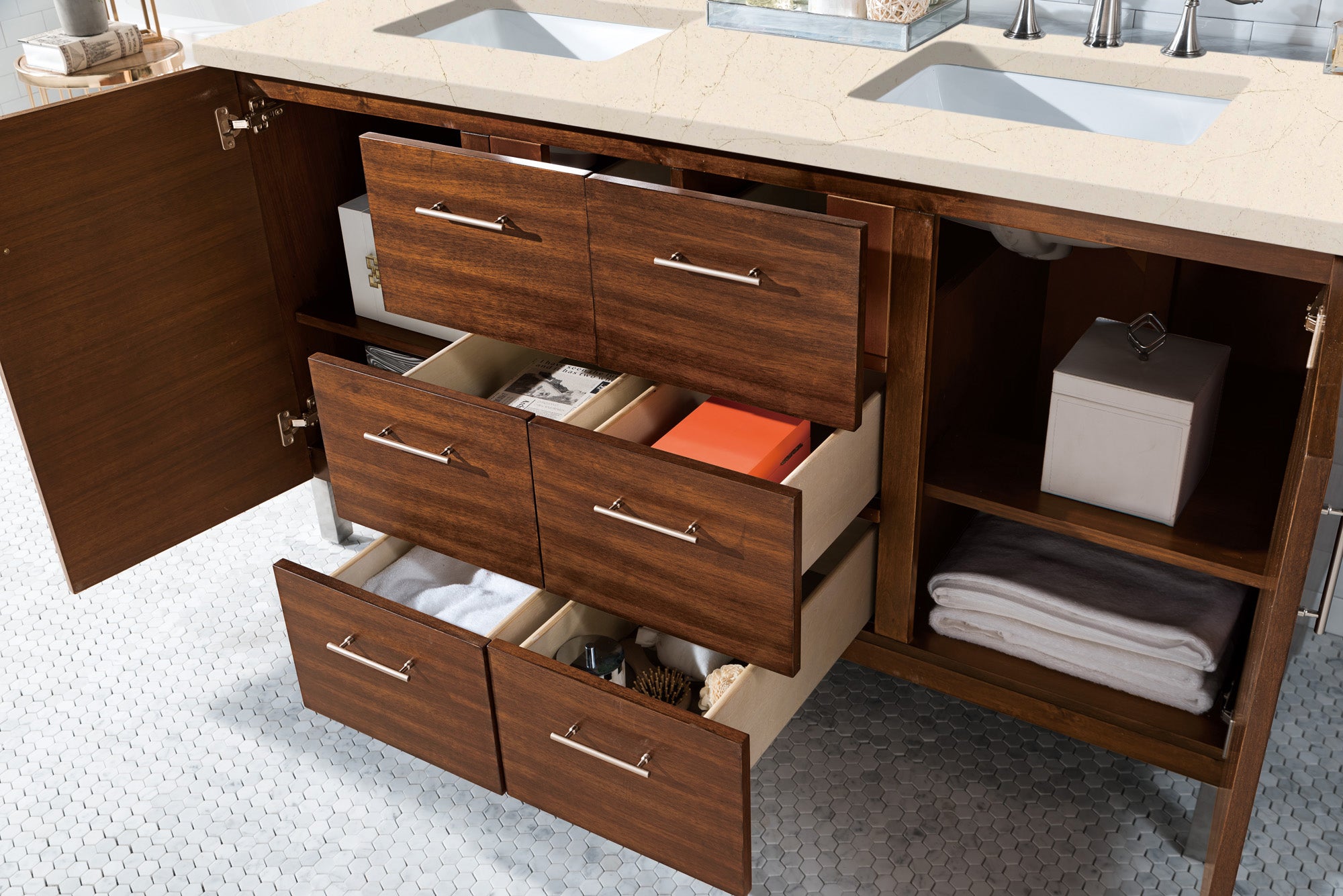 Metropolitan 60 Inch Double Bathroom Vanity with American Walnut Finish & 3CM Eternal Marfil Quartz Countertop - Perfect for Master Bathroom Renovation and Modern Home Decor
