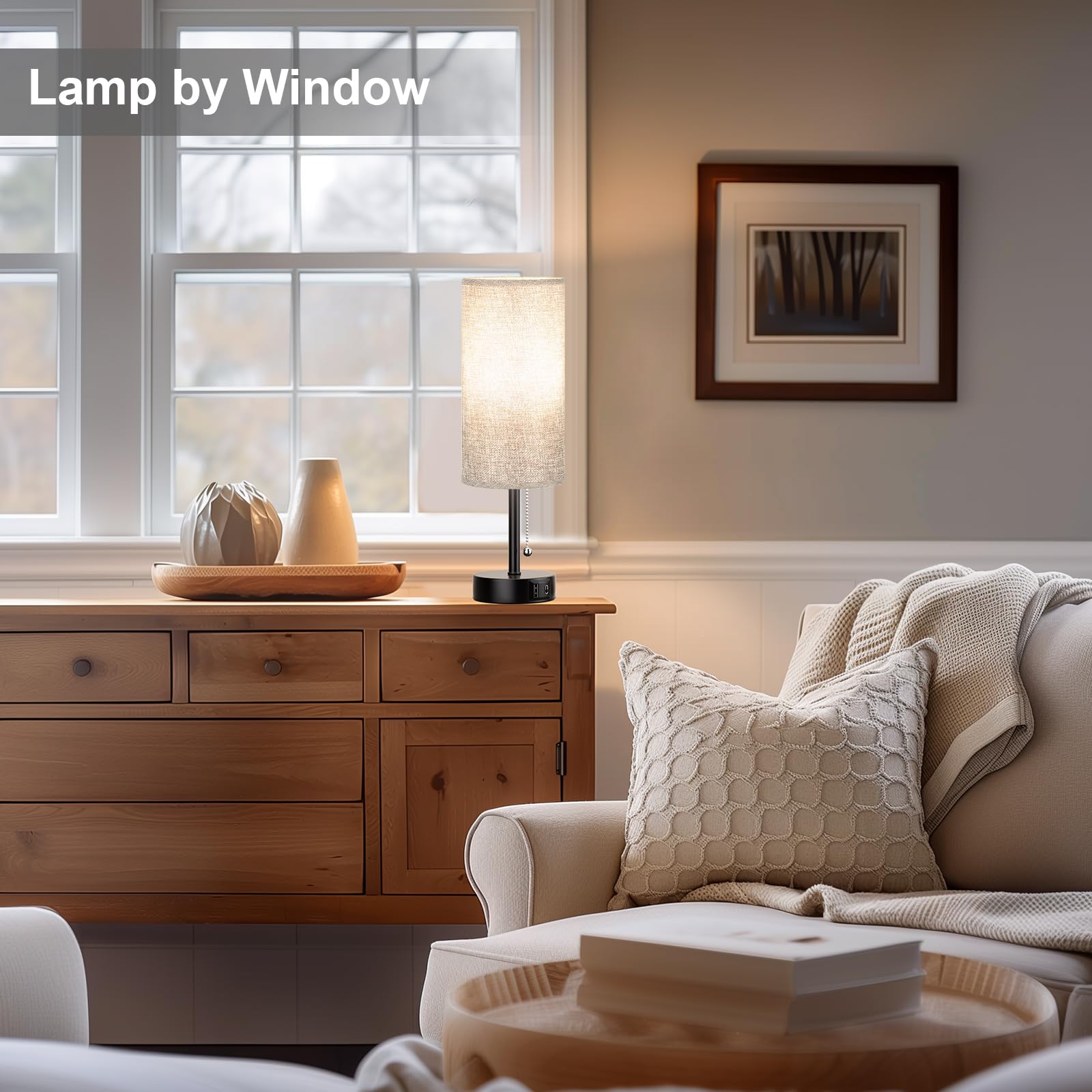 Modern Grey Bedside Lamp with USB A + C Charging Ports - 3-Way Dimmable Nightstand Light with Pull Chain, Adjustable Color Temperature, Includes LED Bulb - Perfect for Bedroom, Living Room, Dorm & Office Reading
