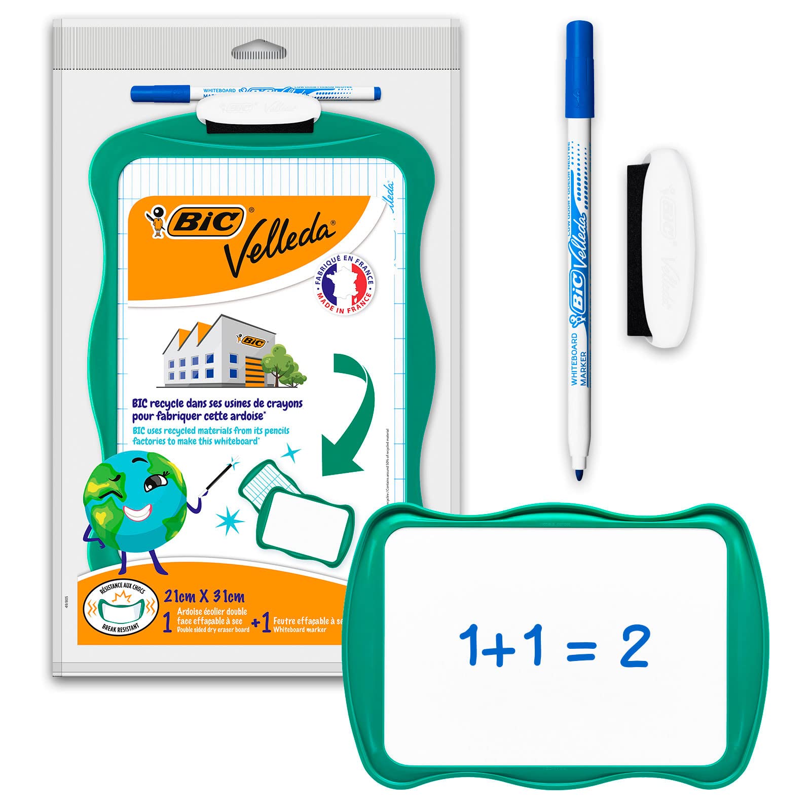 BIC Velleda 3-Piece Whiteboard Set - 1 Board (21 x 31 cm), 1 Blue Dry Erase Marker & 1 Whiteboard Eraser - Perfect for Home, Office & Classroom Organization