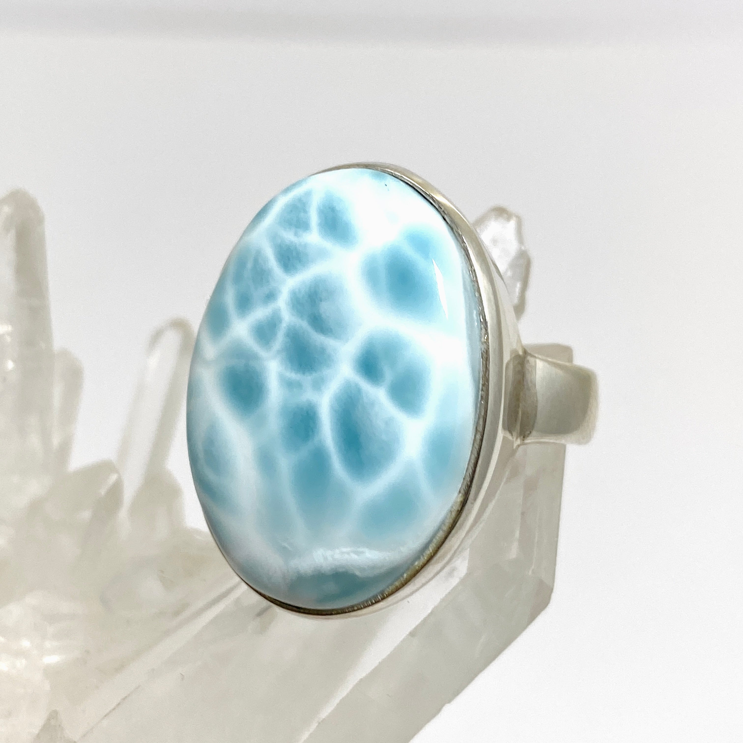 Larimar Oval Cabochon Ring Size 10.5 - Genuine Blue Stone Silver Jewelry for Women - Perfect for Beach Vacation & Boho Fashion