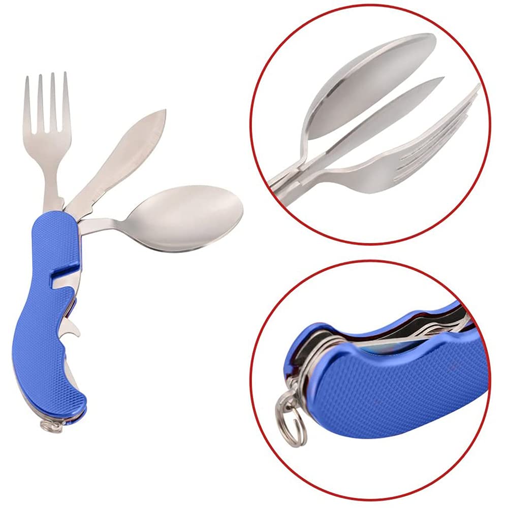 4-in-1 Camping Flatware Set - Stainless Steel Spoon, Fork, Knife & Bottle Opener Combo - Compact Folding Utensils for Hiking, Picnics & Outdoor Adventures (Blue)