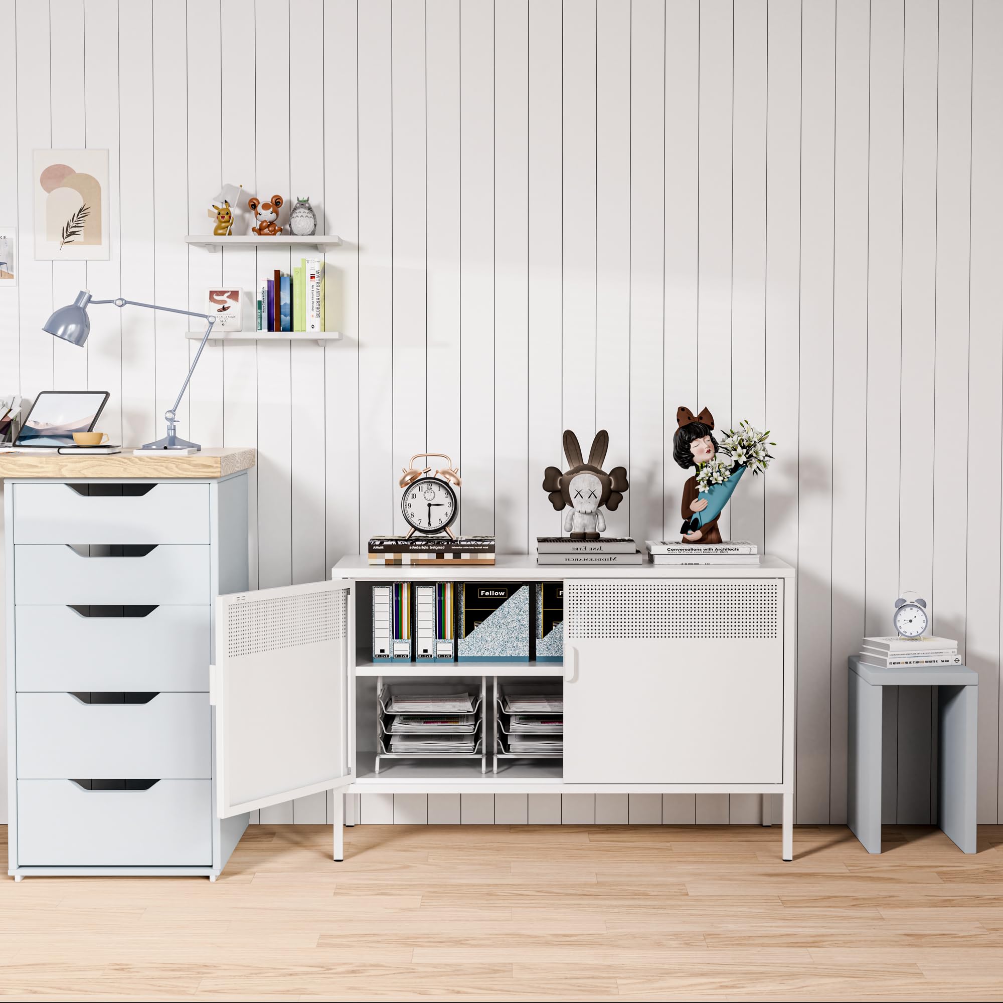 2 Door White Metal Storage Cabinet with Adjustable Shelf - 2-Tier Office & Home Organization Cabinet - Multipurpose Metal Locker for Bedroom, Living Room, Entryway (25