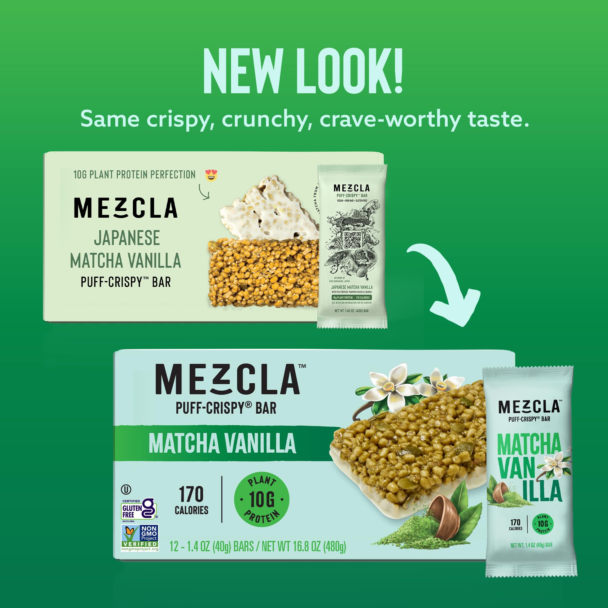 Mezcla Puff-Crispy Protein Bar - Matcha Vanilla Flavor | Vegan, Gluten Free, Plant-Based Protein Snack | Perfect for Workouts, Hiking & Healthy On-The-Go Energy