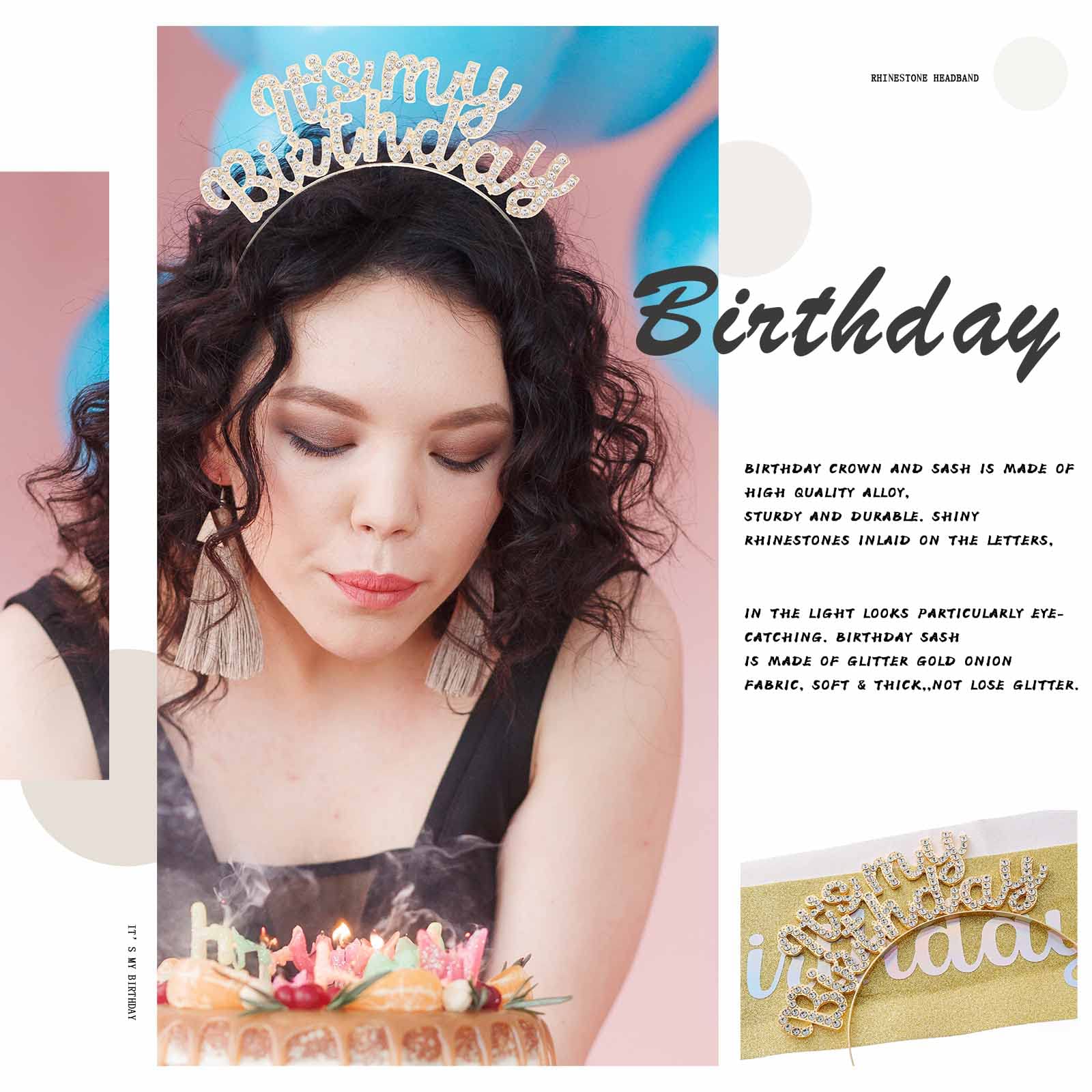 Acenail Women's Birthday Headband - Rhinestone 'It's My Birthday' Sash & Hairband for Birthday Parties, Decorations & Celebrations | Perfect for Women's Birthday Accessories & Photo Props (B-Gold)
