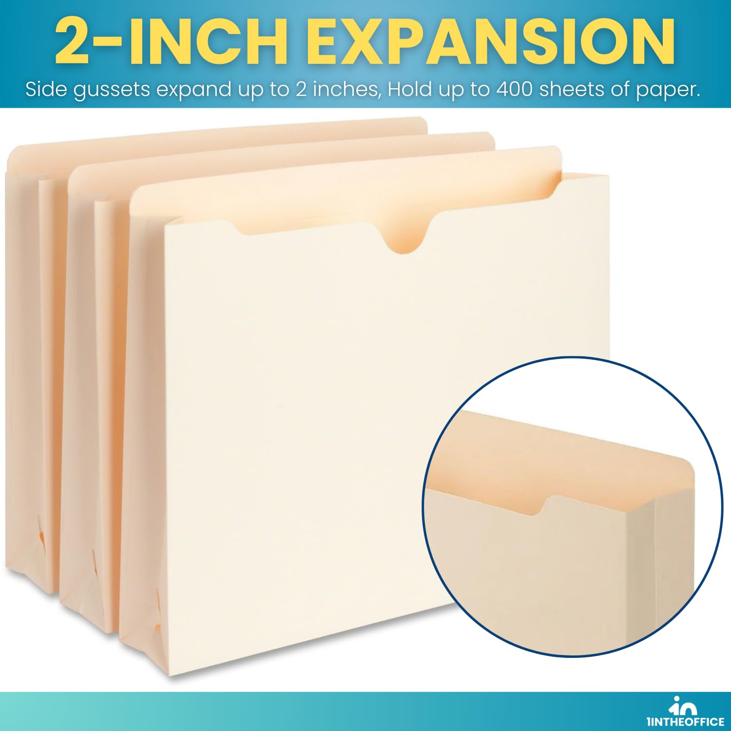 1InTheOffice Letter Size 2 Inch Expanding File Folders - Manila File Jackets with Expandable Pockets (White, 50 Pack) - Perfect for Office Organization, Document Storage & School Projects
