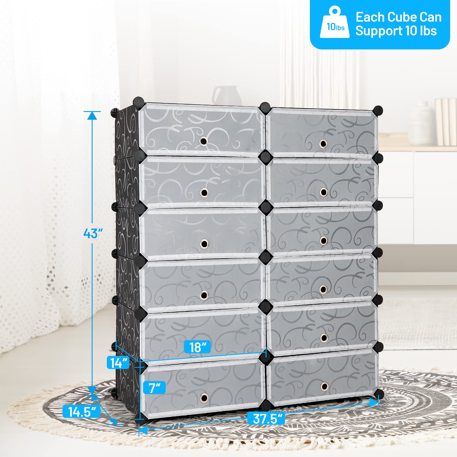 KOTEK Portable 12-Cube Shoe Rack Organizer - Stackable Plastic Shoe Storage Cabinet with Doors, DIY 24-Pair Shoe Shelf Tower for Entryway, Closet & Bedroom Organization