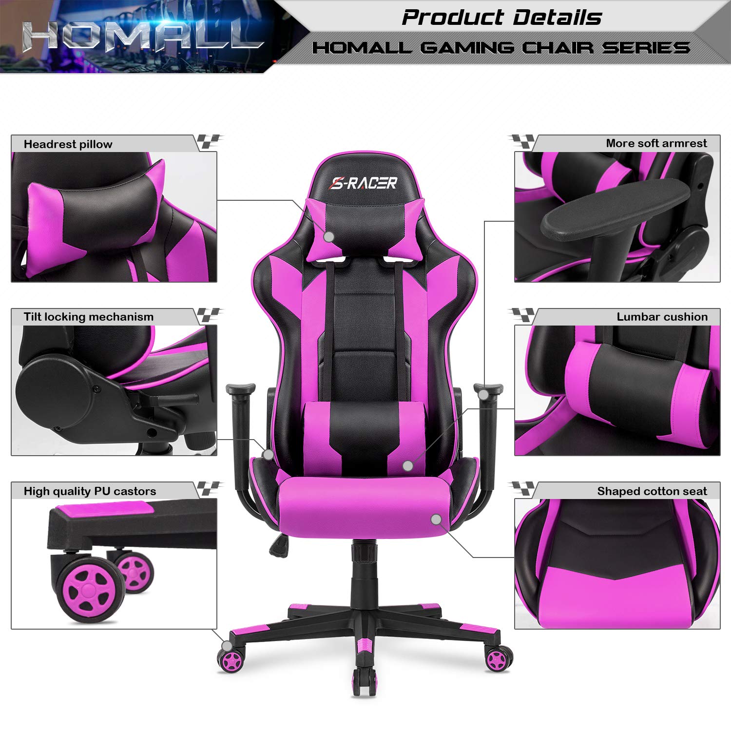Homall Ergonomic Gaming Chair - High Back Office Chair with Adjustable Headrest & Lumbar Support, Leather Computer Desk Chair for Racing, Executive & Home Use - Perfect for Gaming, Work & Study (Violet)