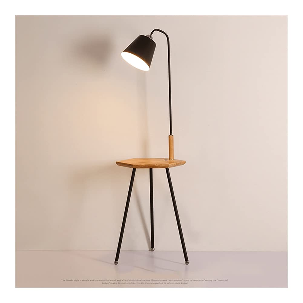 Modern Black Floor Lamp with Iron Legs & Wooden Hexagonal Shelf - Adjustable Tripod Standing Light for Living Room, Study Room, Bedroom - Indoor Lighting for Reading, Relaxing & Home Decor