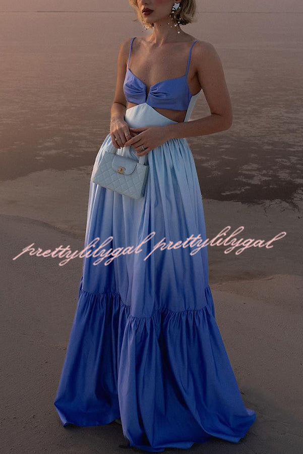 Ocean Breeze Gradient Color Print Cutout Waist Tiered Maxi Dress - Flowy Beach Cover Up & Summer Vacation Outfit for Women