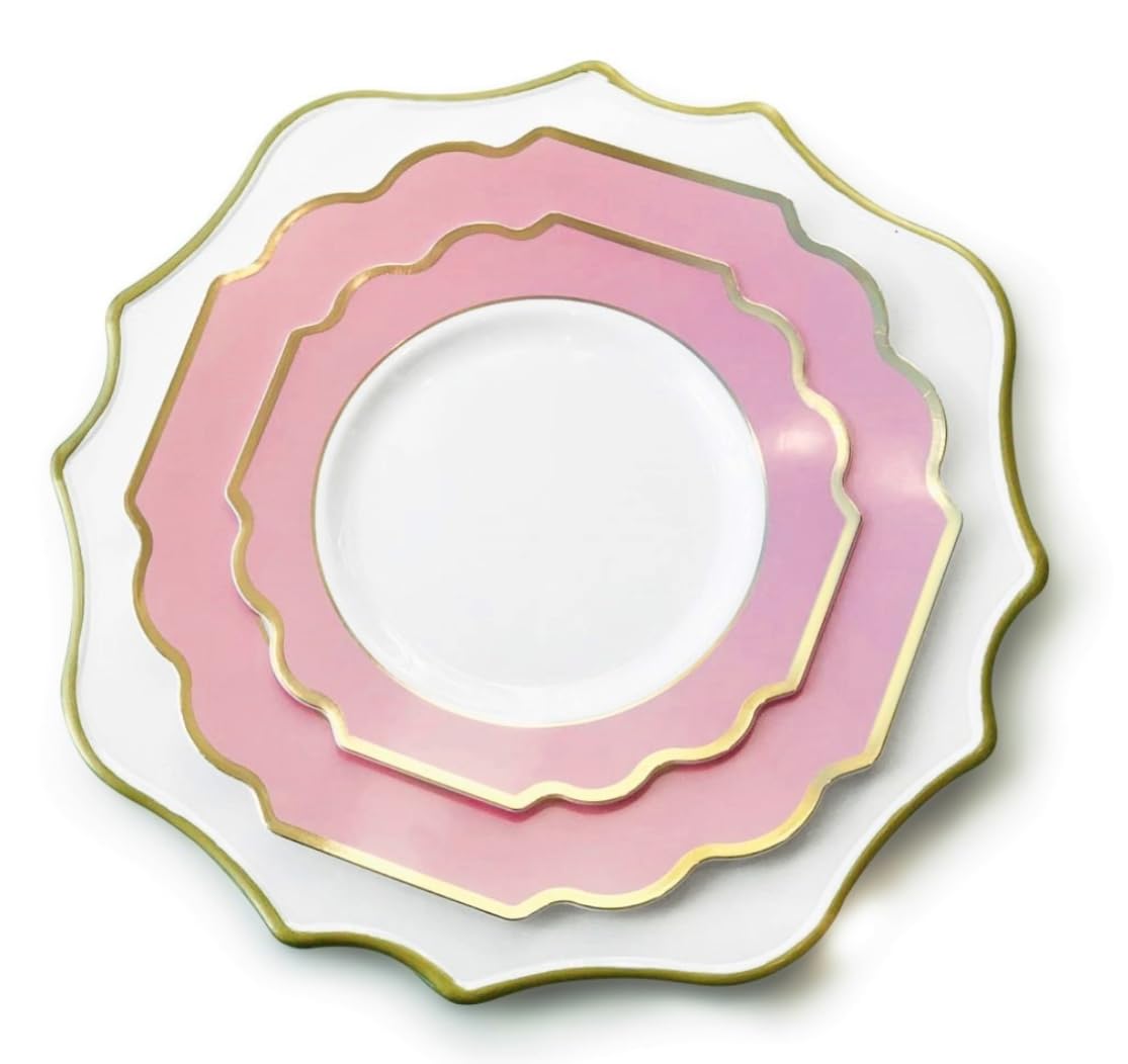60 Heavyweight Disposable Plastic Plates for Weddings & Parties - 8'' Dinner Plates in Imperial White, Light Pink & Gold - Elegant Tableware for Special Occasions, Events & Celebrations