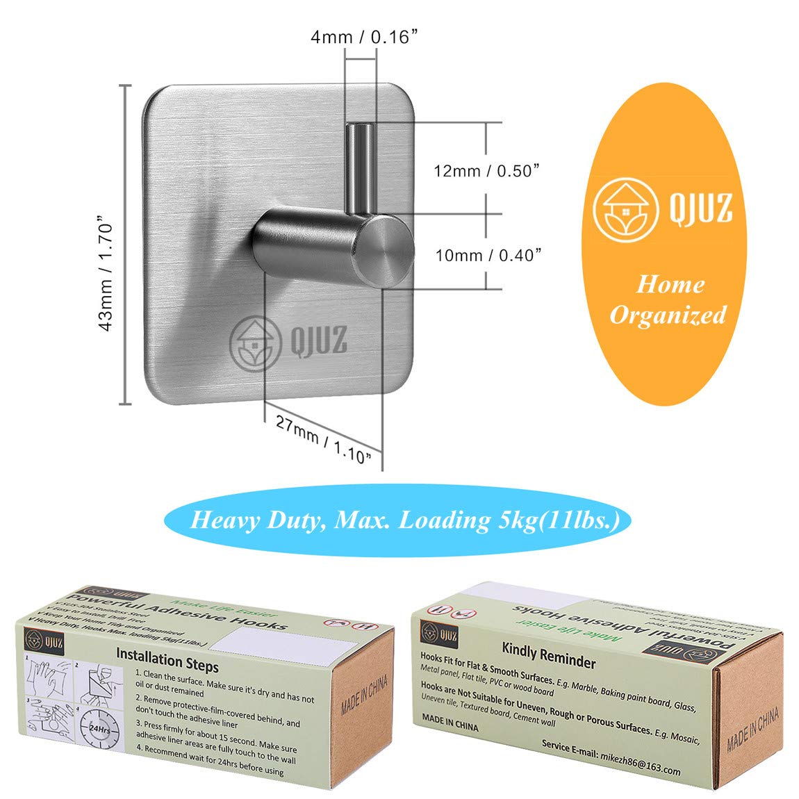 QJUZ Heavy Duty Adhesive Hooks - 4 Pack Stainless Steel Wall Hooks for Bathroom, Shower, Kitchen & Office - Perfect for Hanging Towels, Robes, Clothes, Bags, Keys & Kitchen Utensils - Strong & Rustproof SUS304 Steel for Home Organization & Space Saving