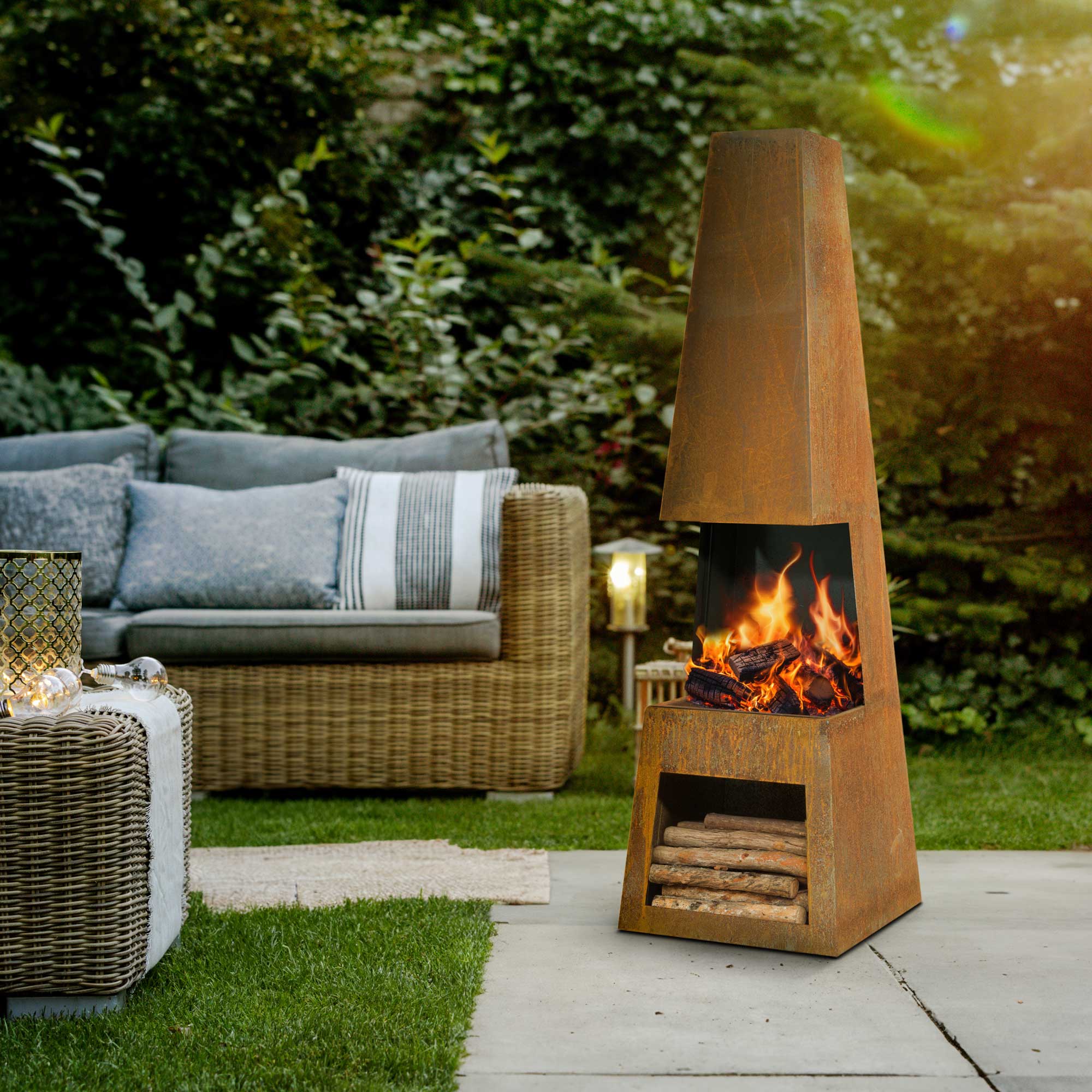 Outdoor Pyramid Chiminea Fire Pit - Corten Steel Fireplace Heater with Firewood Storage (Model DG108) - Perfect for Backyard, Patio, and Garden Gatherings