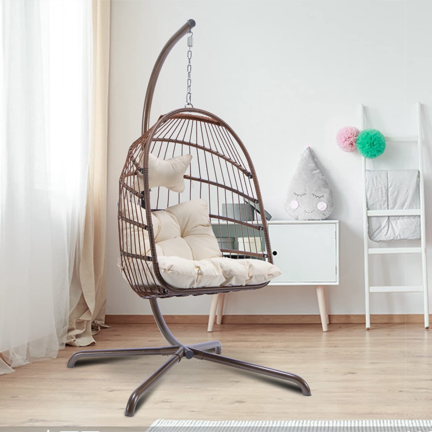 Brown Wicker Egg Chair with Stand - Indoor/Outdoor Hanging Swing Chair with Soft Deep Cushion - Relaxing Basket Chair for Patio, Garden, Living Room & Bedroom