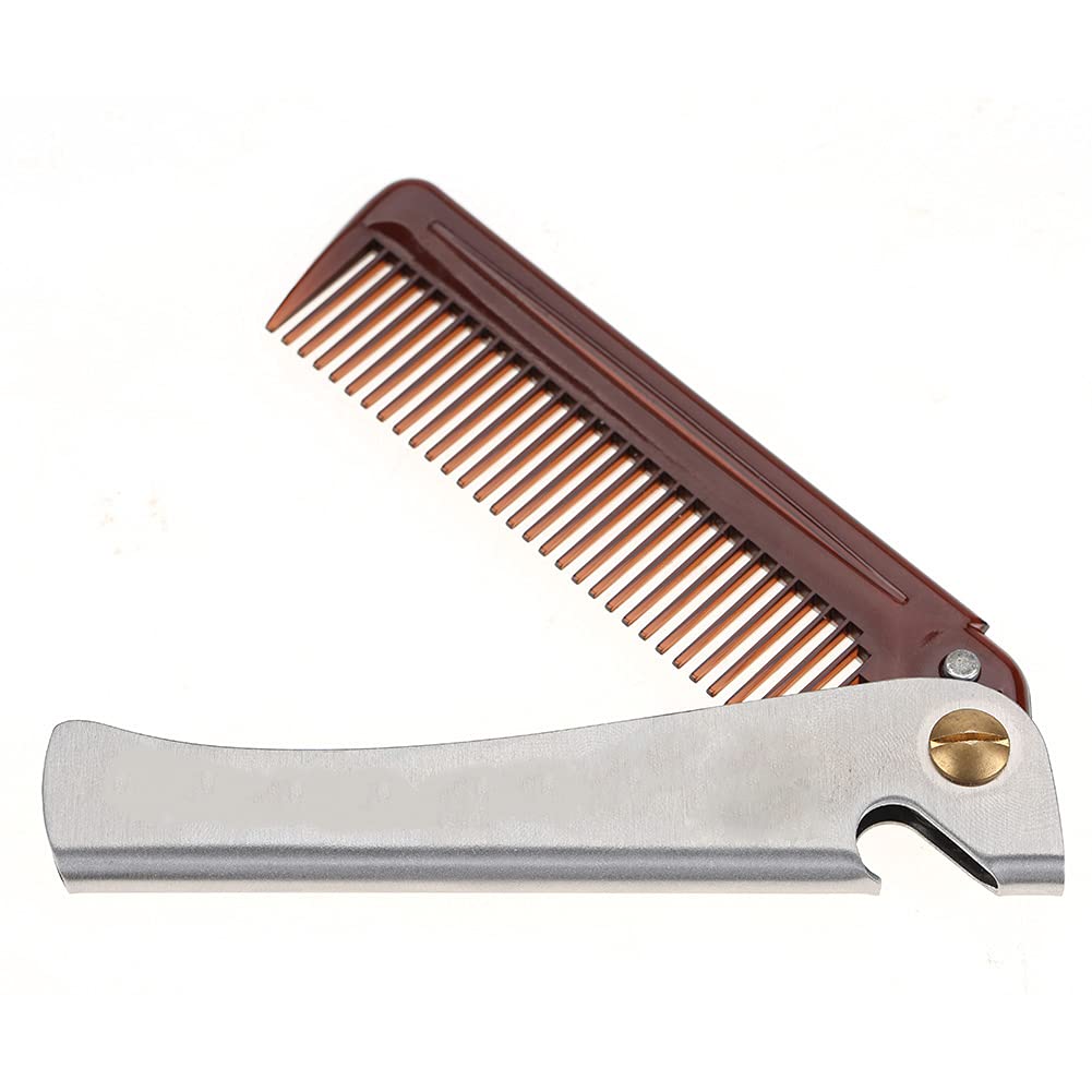 Stainless Steel Beard Comb - Folding Pocket Mustache Comb with Round Teeth for Men, Amber PP Handle (Perfect for Travel, Grooming & Styling)