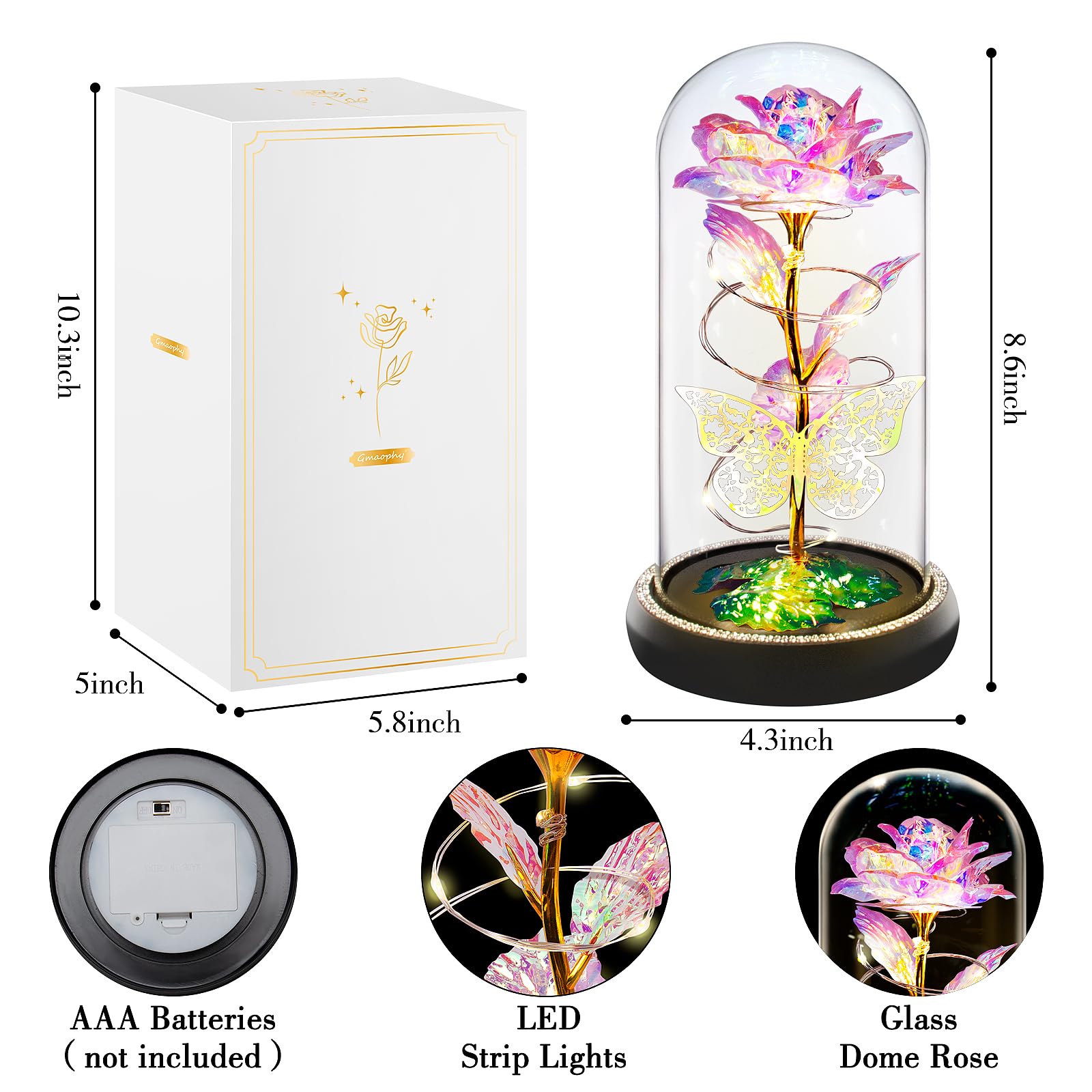GMAOPHY Light Up Butterfly Preserved Rose in Glass Dome - Romantic Birthday Gift for Women, Wife, Girlfriend, Mom, Grandma | Unique Floral Keepsake for Anniversaries, Valentine's Day & Special Occasions