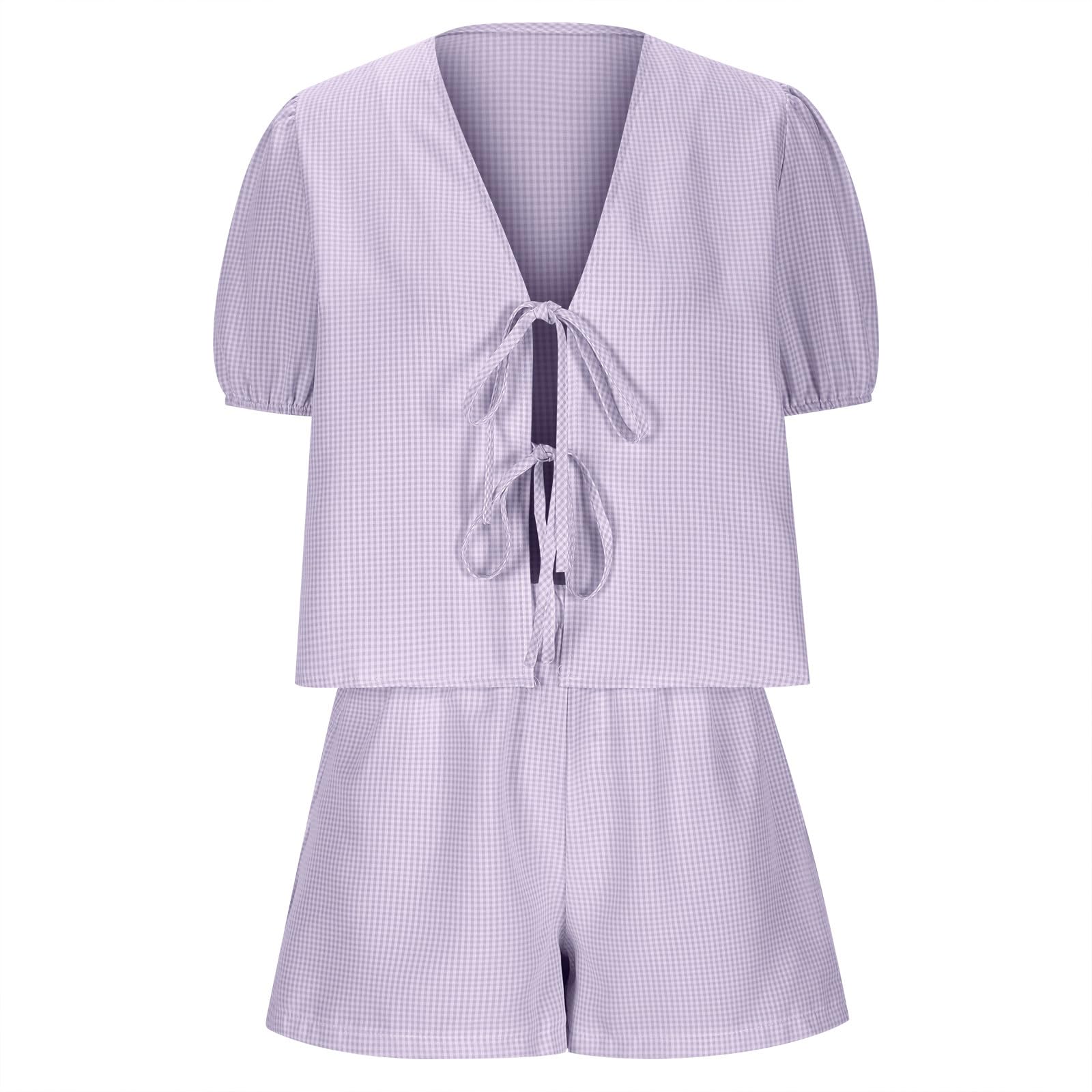 Women's Two Piece Summer Outfits - Plaid Print Cardigan Top & Shorts Set for Lounge, Beach & Travel | Casual Chic Summer Clothing Set