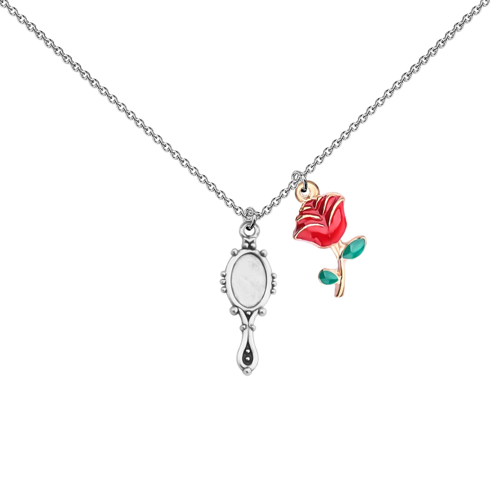 UJIMS Beauty and the Beast Inspired Mirror & Rose Charm Necklace - Belle Princess Jewelry Gift for Disney Fans - Perfect for Cosplay, Birthday, Anniversary & Fairy Tale Themed Events