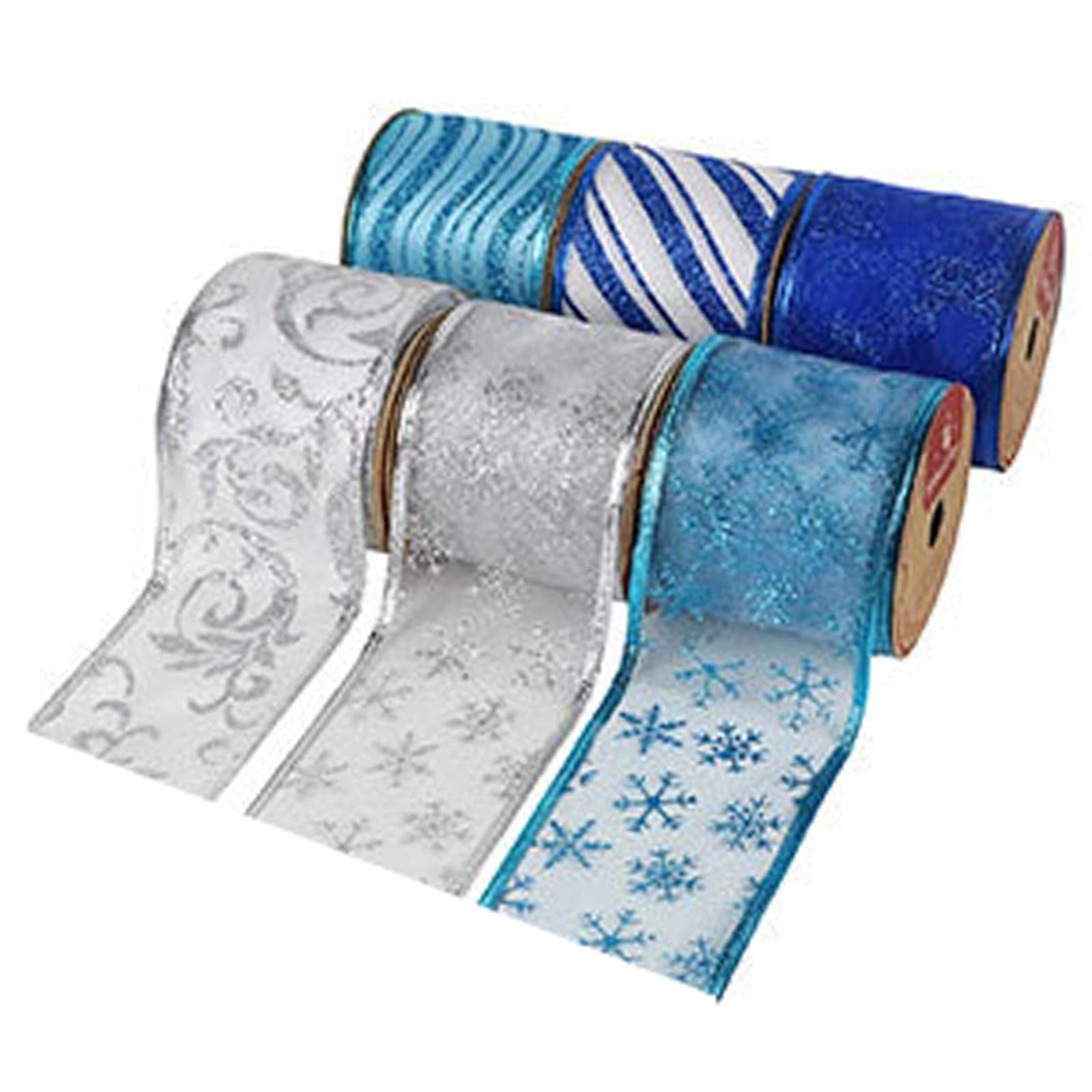 6Pcs Durable Glitter Wired Ribbons for DIY Crafts, Scrapbooking, Hair Bows, Floral Arrangements, Wreaths & Gift Wrapping - 6.3cm Metallic Blue Ribbon - Perfect for Party Decorations, Wedding Bouquets & Home DIY Projects