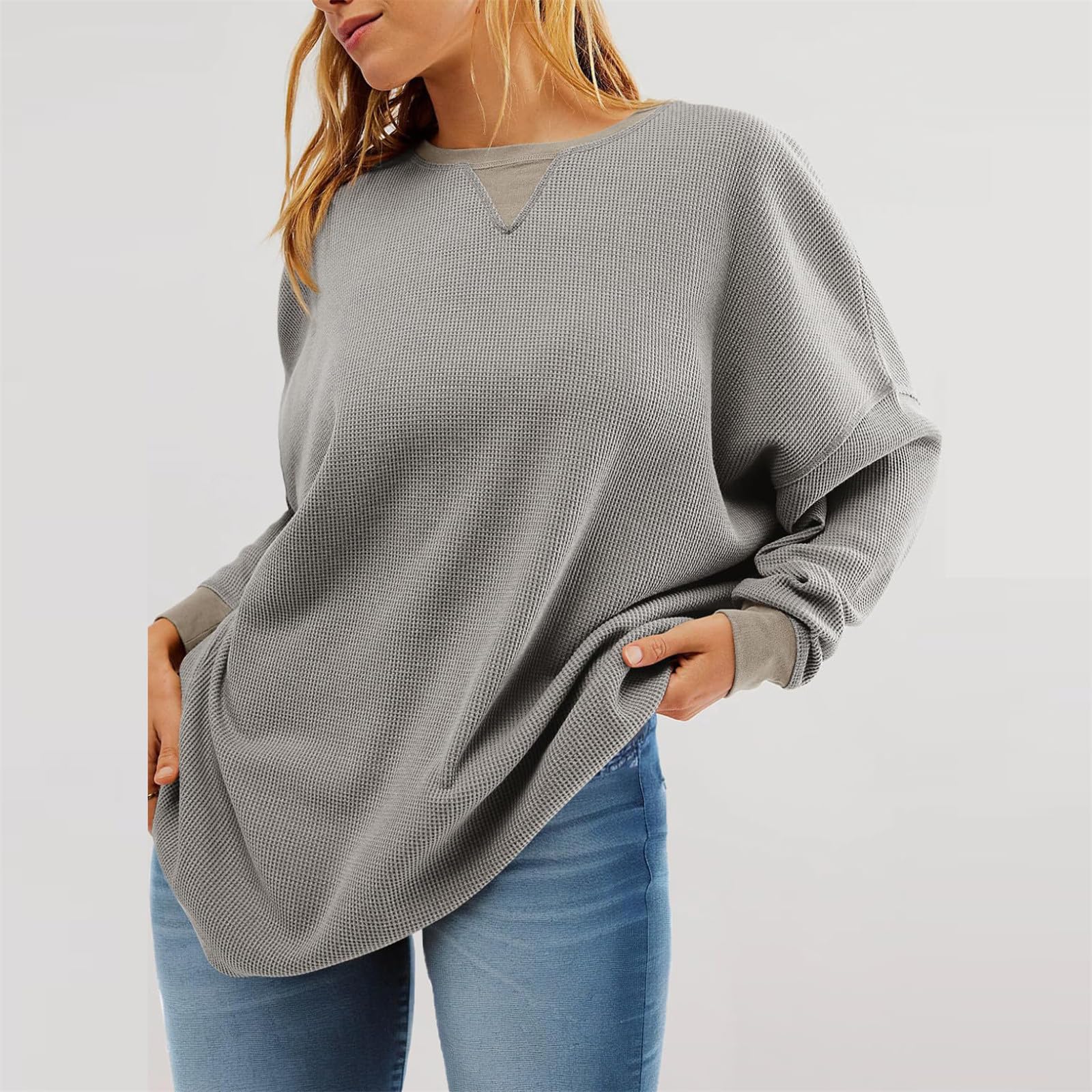 Women's Oversized Waffle Knit Sweatshirt - Soft Long Sleeve Crewneck Pullover Top for Casual Wear | Cozy Fall Fashion Loose Fit | Perfect for Lounging, Coffee Dates & Weekend Outings