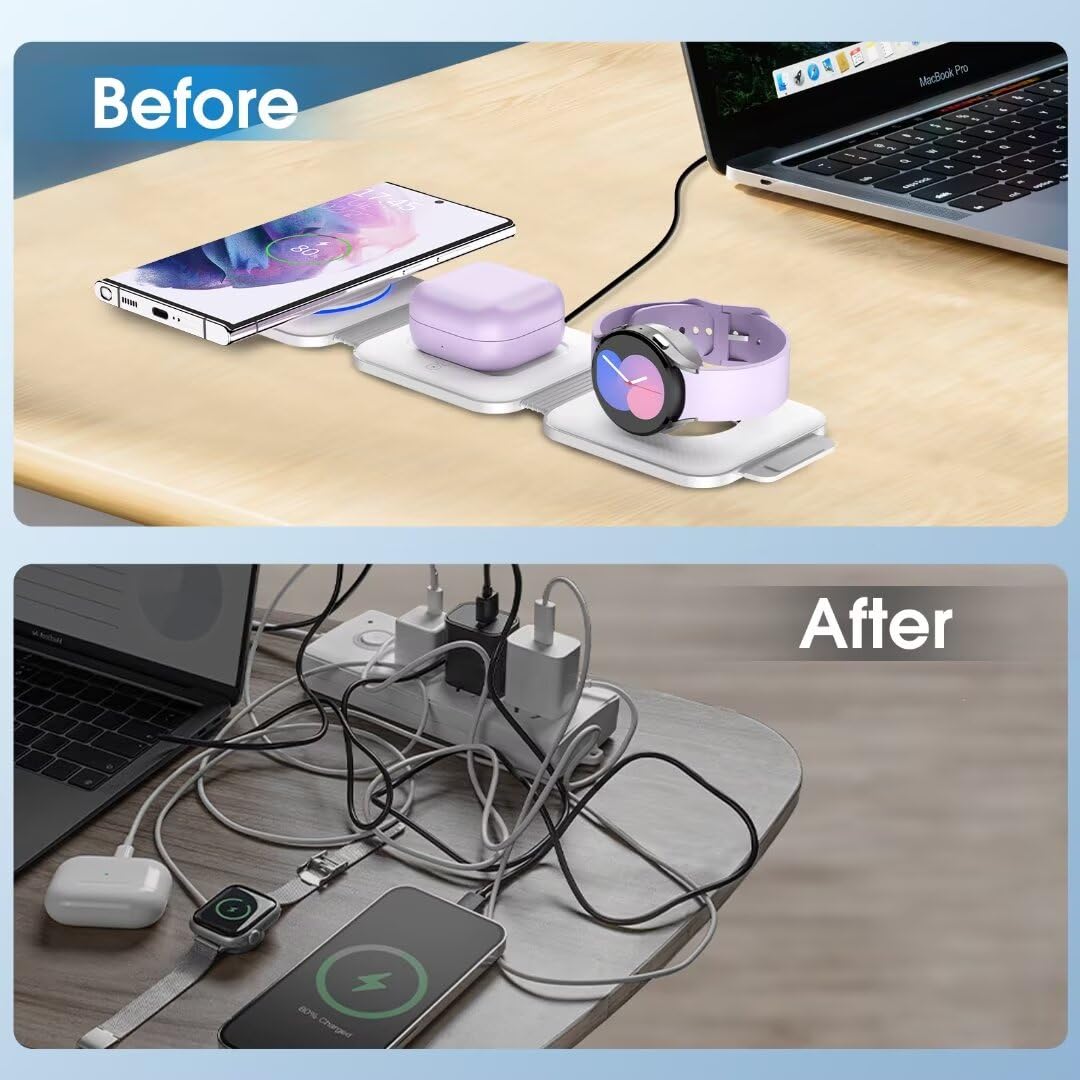 Foldable Wireless Charging Station for Samsung Galaxy S25 Ultra/S24/Z Flip 6/5 - Portable Travel Charger with Watch & Buds Charging Pad - Compatible with Galaxy Watch 7 & Buds Pro 3/2 (White) | Perfect for Home, Office & Travel Use