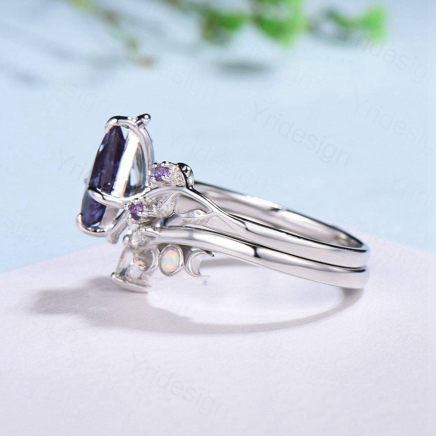 Nature Inspired Alexandrite Kite Engagement Ring Set with Twig Cluster & Amethyst Wedding Band | Vintage Marquise Moonstone Opal Stacking Rings for Women | Perfect for Boho Weddings, Anniversary Gifts & Everyday Jewelry