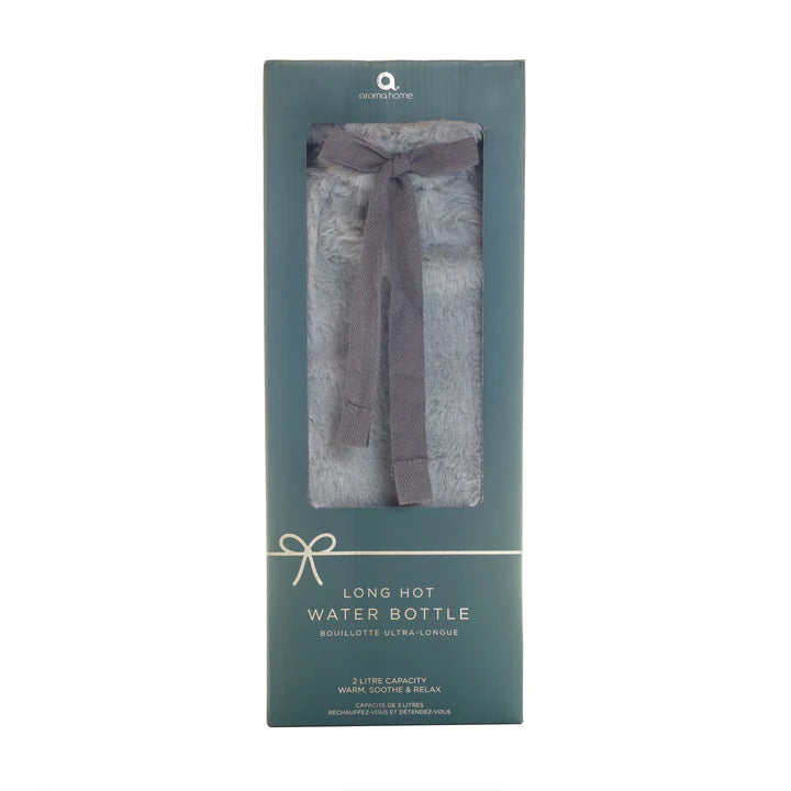2L Long Hot Water Bottle with Soft Grey Faux Fur Cover & Ribbon Tie - Perfect for Winter Warmth, Period Pain Relief & Cozy Nights