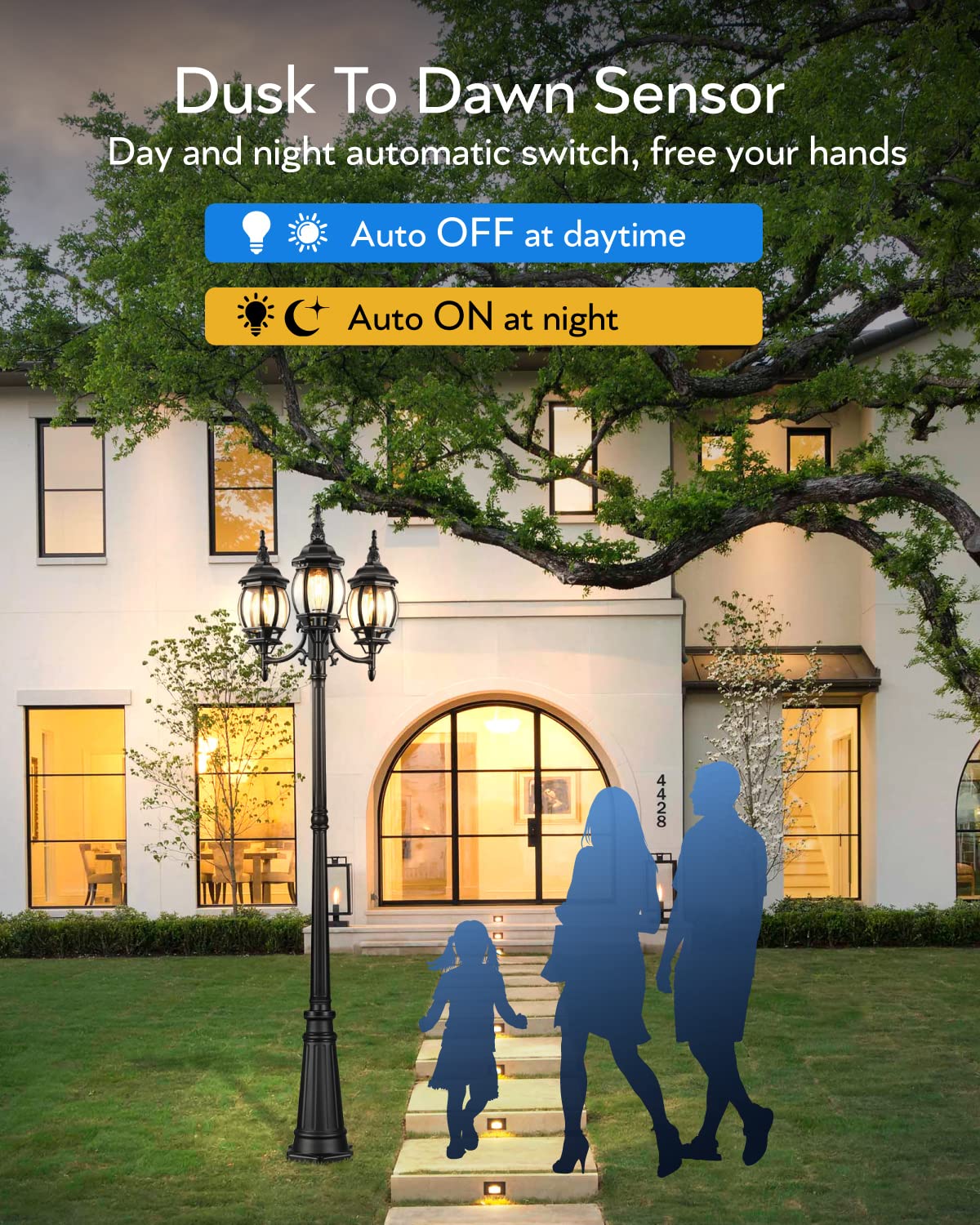 VIANIS 3-Head Outdoor Lamp Post with Dusk to Dawn Sensor - Waterproof Aluminum Street Light with Tempered Glass for Garden, Backyard, Driveway & Christmas Decor - Perfect for Landscape Lighting and Holiday Illumination