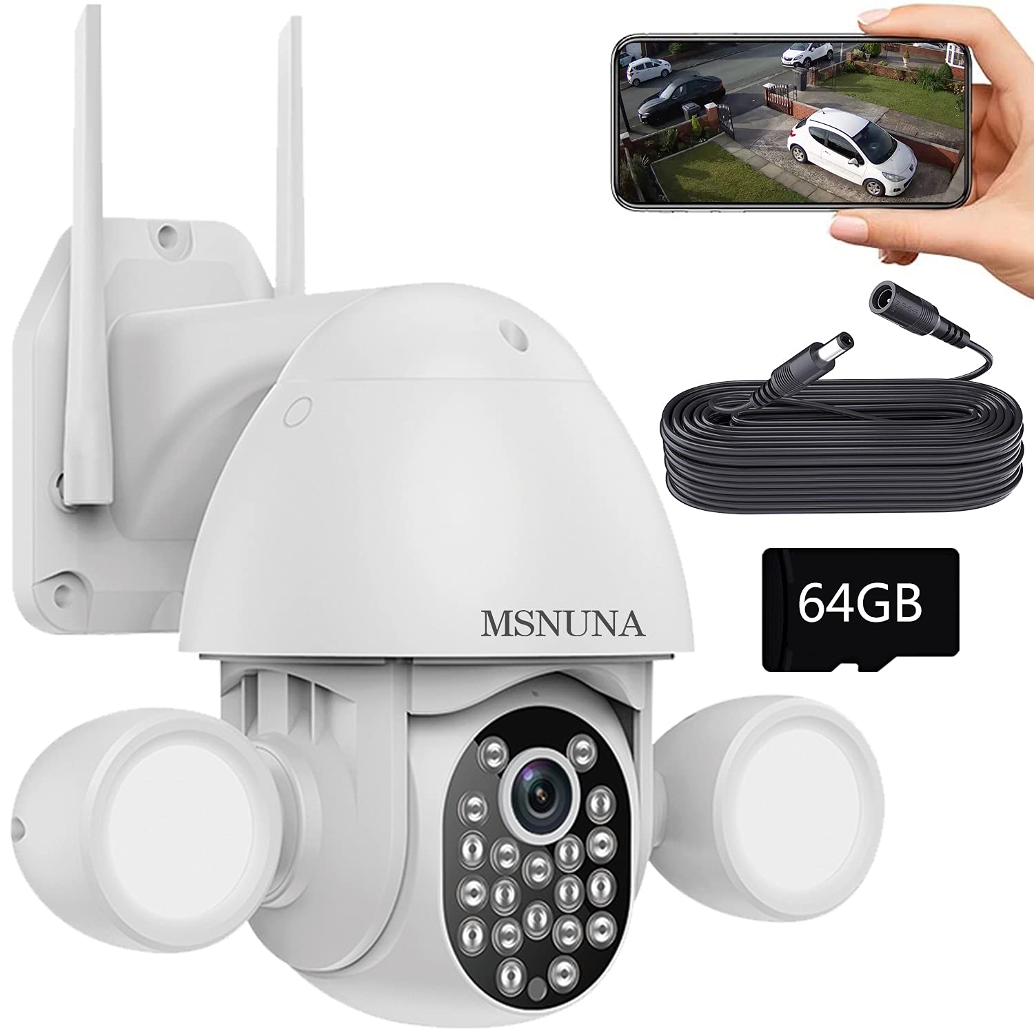 64GB Card Included - MSNUNA 3MP Ultra HD Outdoor Security Camera with Floodlight, 355° Pan Tilt View, Motion Detection, 2.4G WiFi, Color Night Vision, PTZ, Two-Way Audio, Weatherproof - Ideal for Home Security, Backyard Monitoring & Business Protection