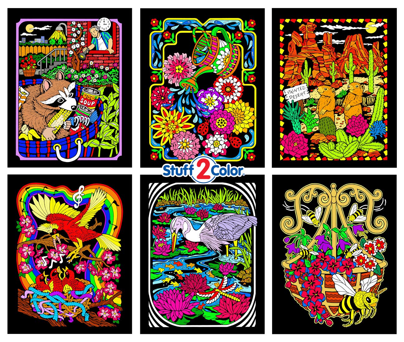 Fuzzy Velvet Coloring Posters for Kids & Adults - 6 Pack with Flowers, Raccoon, Bee, Prairie Dogs & Birds | Stress Relief Art Activity for Home, Classroom & Party Decor