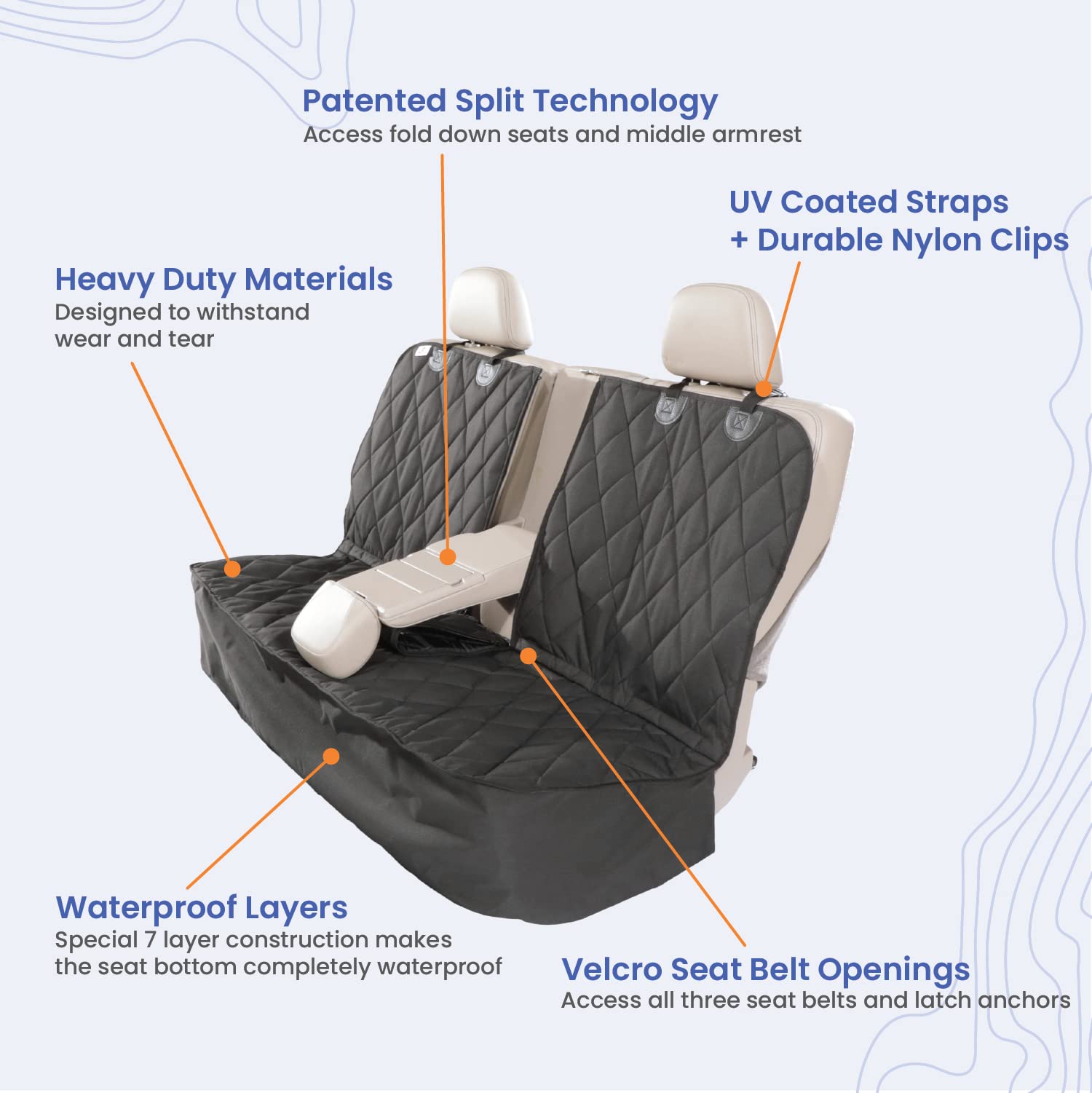 4Knines Heavy Duty Waterproof Dog Seat Cover for Back Seat - Extra Large Tan Pet Car Seat Protector Fits 60/40 Split Bench Trucks, SUVs & Cars | Non-Slip Middle Seat Belt Design | Perfect for Road Trips, Pet Travel & Daily Commutes