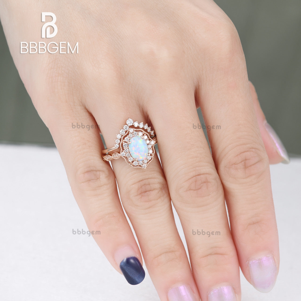 Vintage Opal Ring Set 14k Rose Gold Engagement Wedding Ring Stacking Half Eternity Diamond Matching Band for Women - Perfect for Bridal Jewelry, Anniversary Gifts & Special Occasions