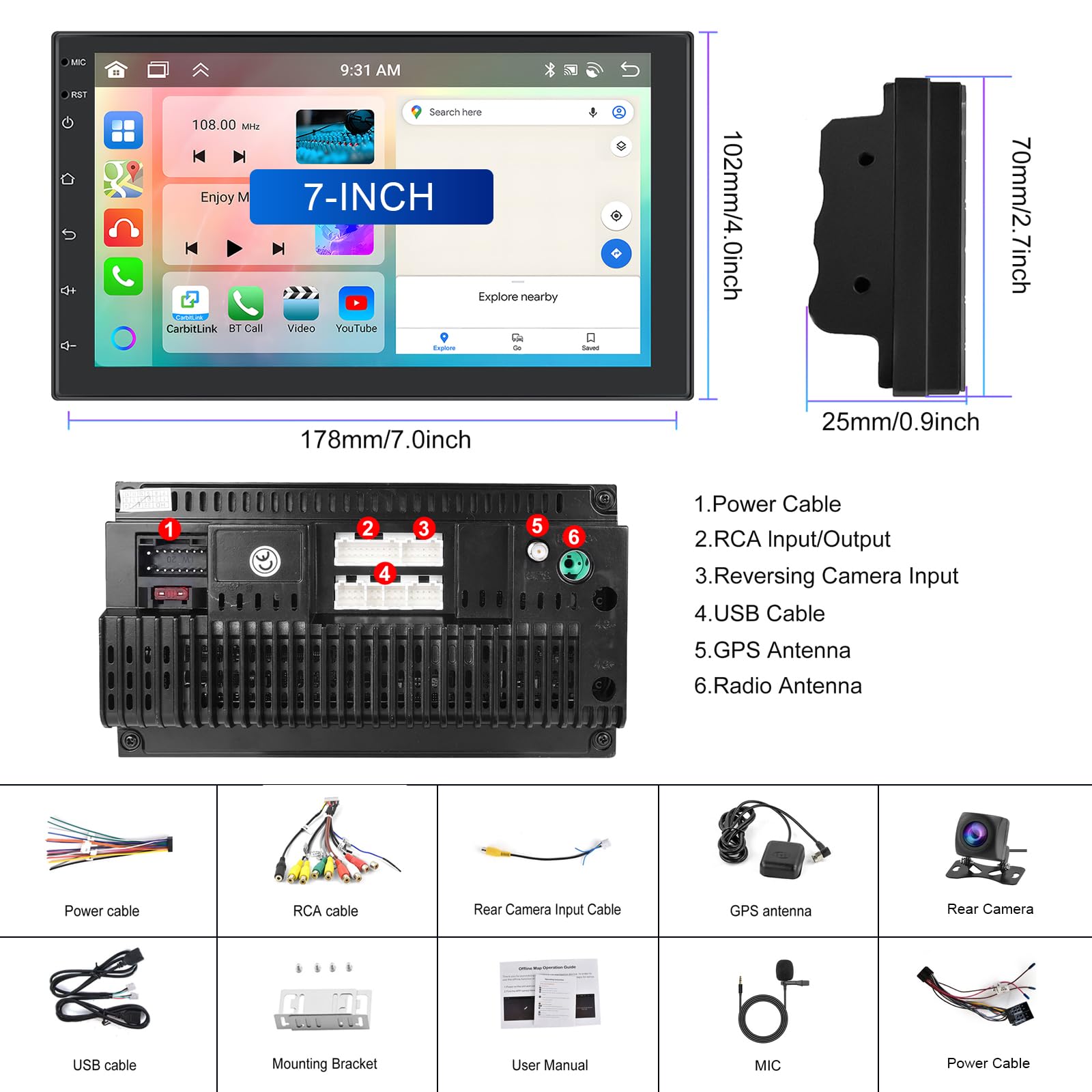 Hodozzy 7 Inch Double Din Android Car Stereo - 4GB RAM 64GB ROM, 8-Core Processor with Apple CarPlay & Android Auto - Universal Touchscreen Car Radio with GPS Navigation, Bluetooth, WiFi, Mirror Link, SWC, FM RDS - Includes Rearview Camera & MIC for Hands-Free Calling - Perfect for Road Trips & Daily Commute