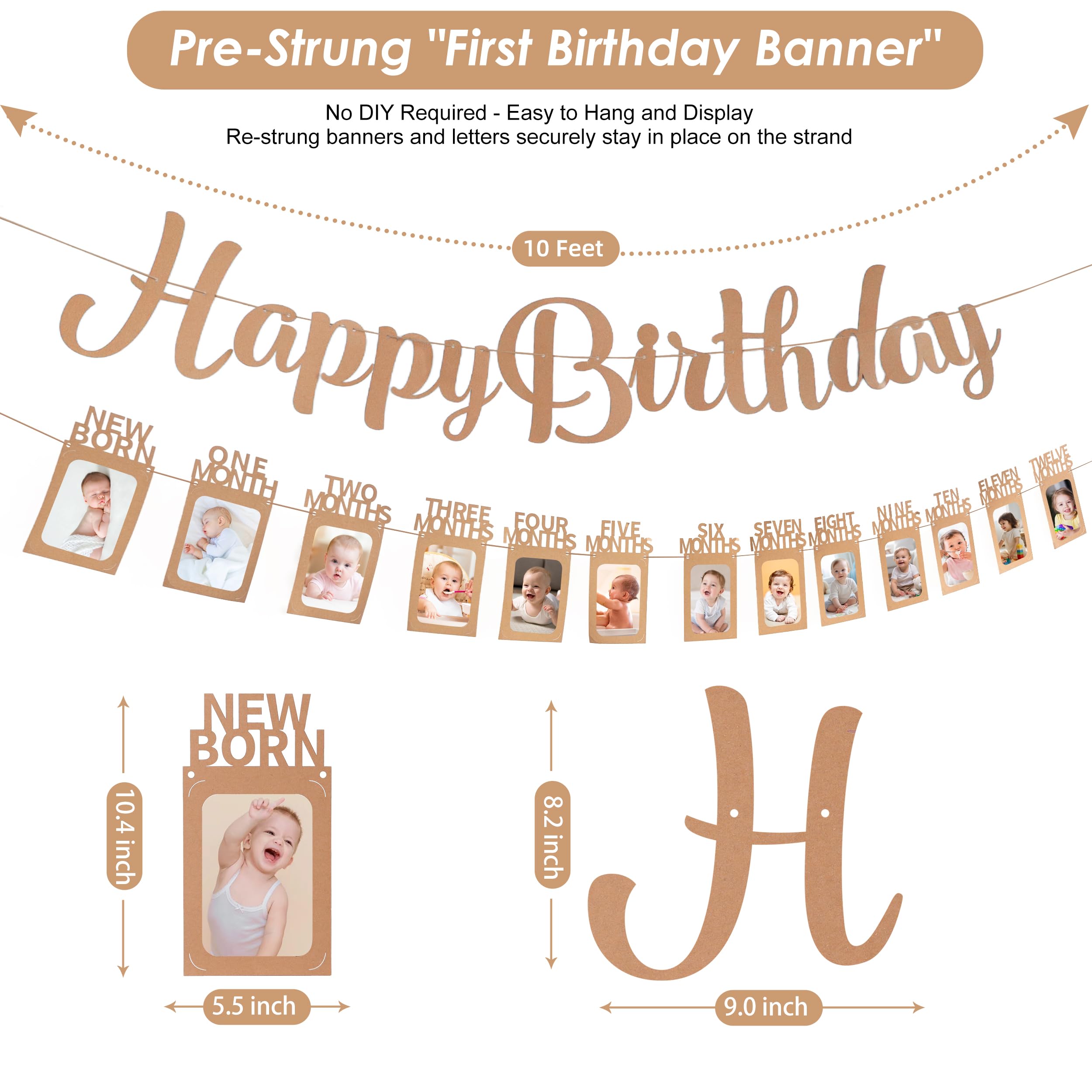 1st Birthday Photo Banner - 4x6 or 5x7 Inch Pre-Strung Baby Milestone Banner from Newborn to 12 Months | Kraft Paper Birthday Decor for Baby Shower, First Birthday Party & Nursery Wall Decor