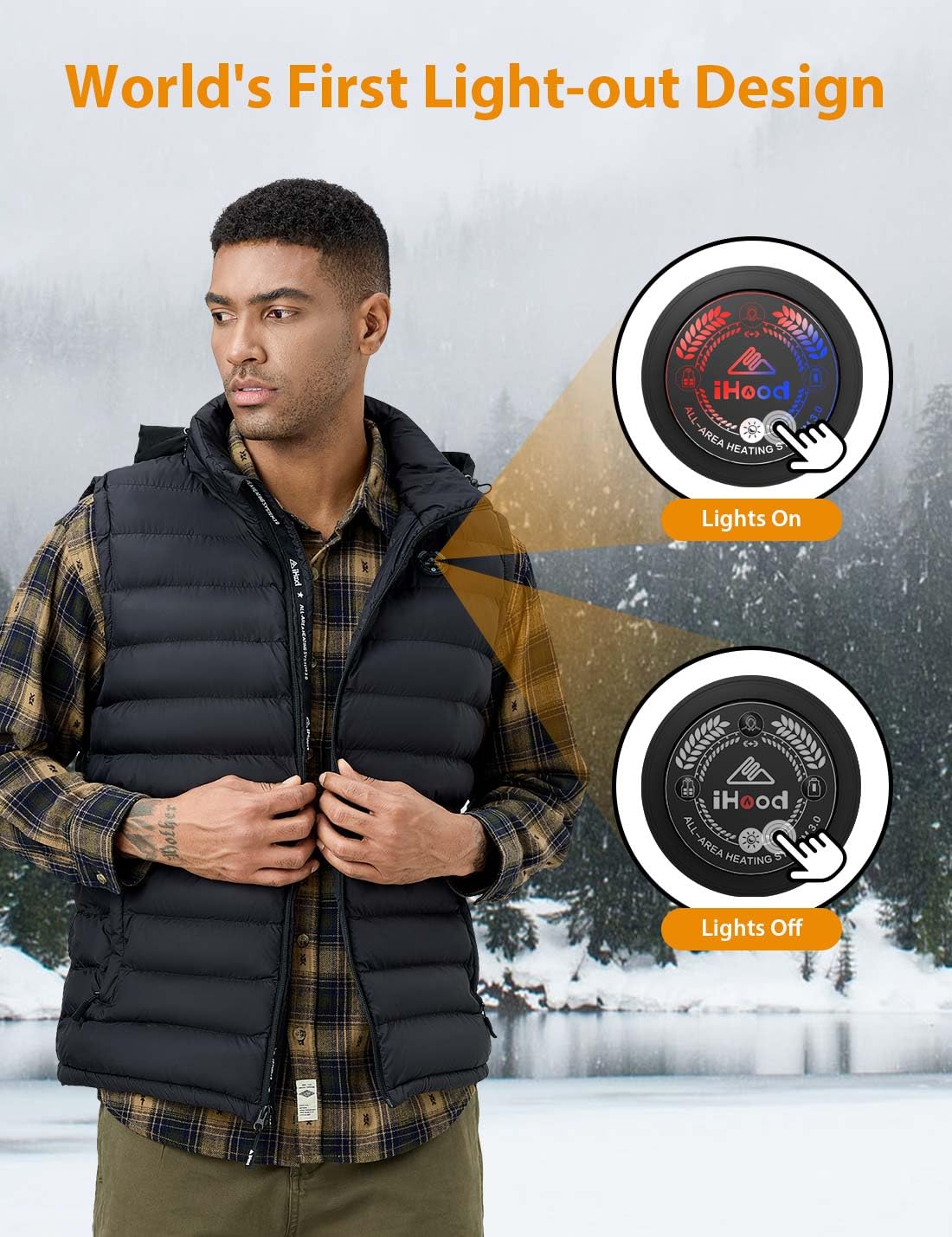 iHood Men's Heated Vest with Rechargeable Battery Pack - USB Electric Warming Jacket with Retractable Hood - Machine Washable Winter Coat for Outdoor, Hiking & Cold Weather Activities