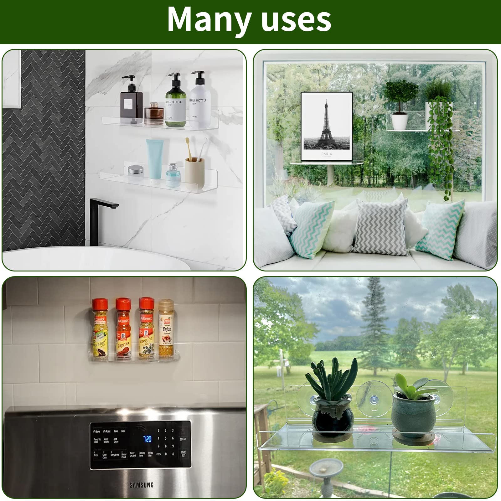 2 Pack Clear Acrylic Suction Cup Window Shelf - 16 Inch Indoor Plant Ledge for Herbs, Seed Starters & Microgreens | Space-Saving Garden Sill Extender for Kitchen Windows, Balconies & Small Apartments