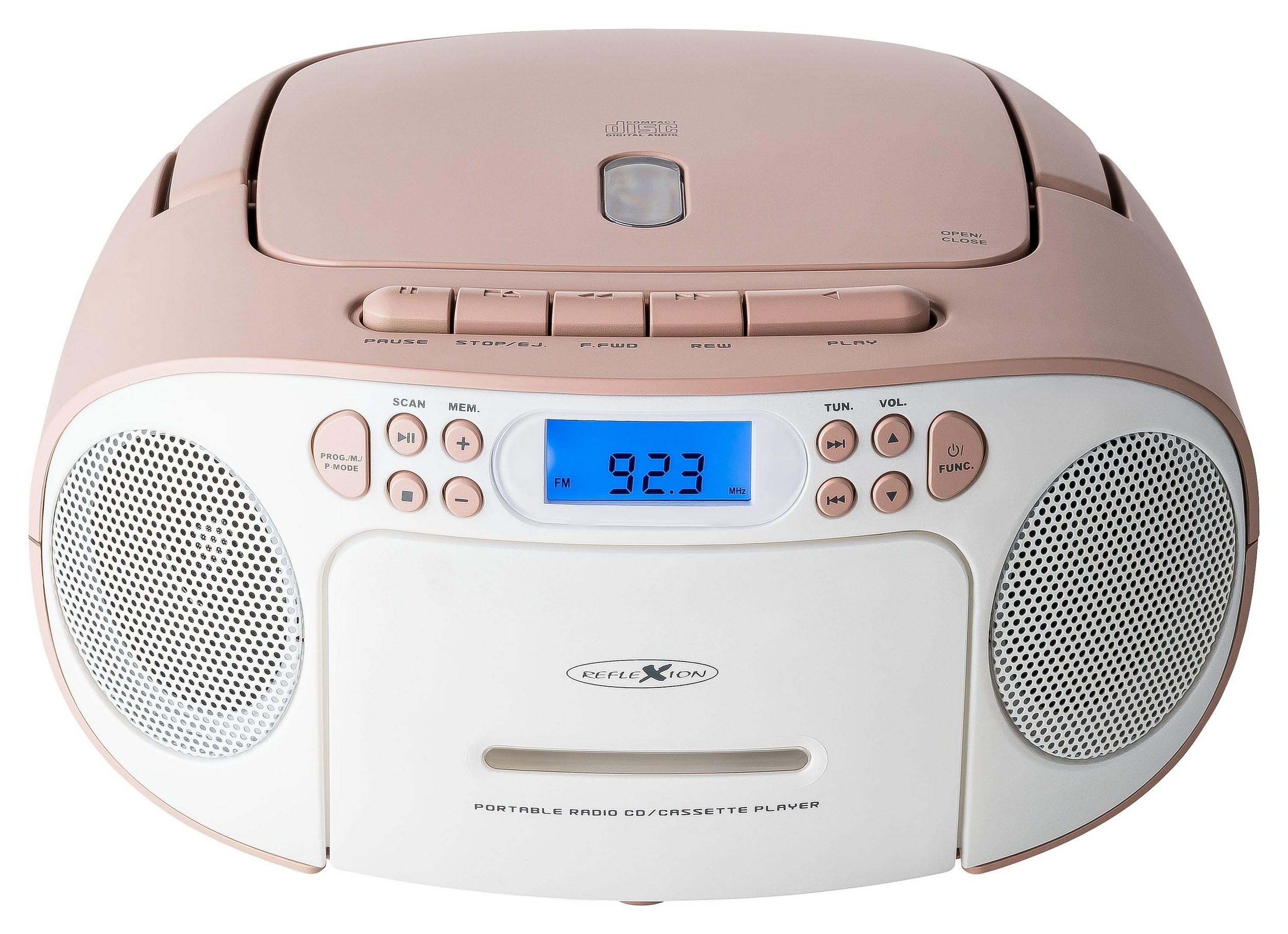 Reflexion RCR2260 Portable CD Player with Cassette & FM Radio - PLL Tuning, LCD Display, AUX Input, Headphone Jack - White/Pink (Home, Office, Car, Travel Use)