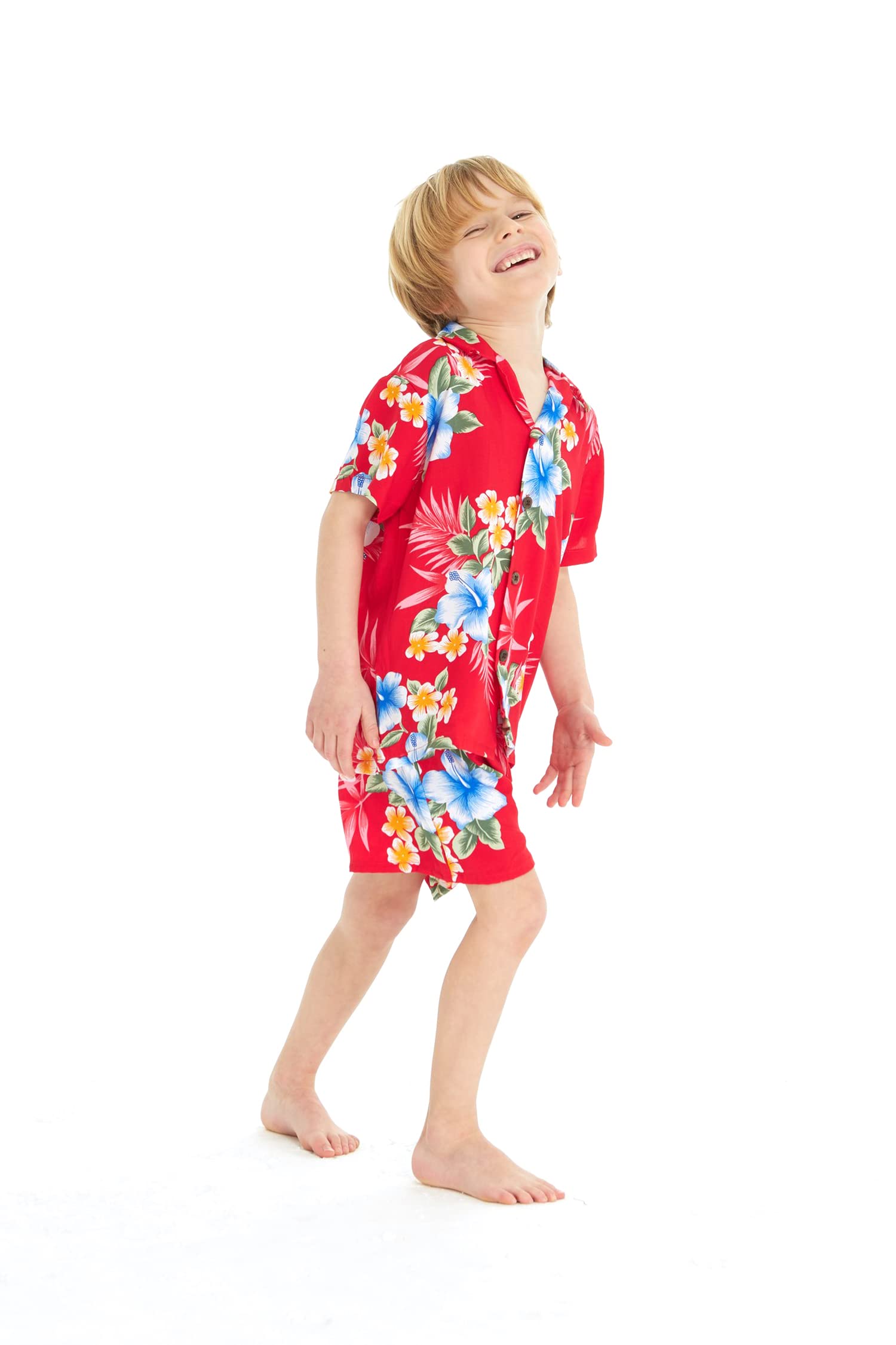 Hawaiian Luau Matching Mother and Son Kimono Shirt Set - Hibiscus Red Floral Print for Beach Party, Family Vacation, and Summer Outfits
