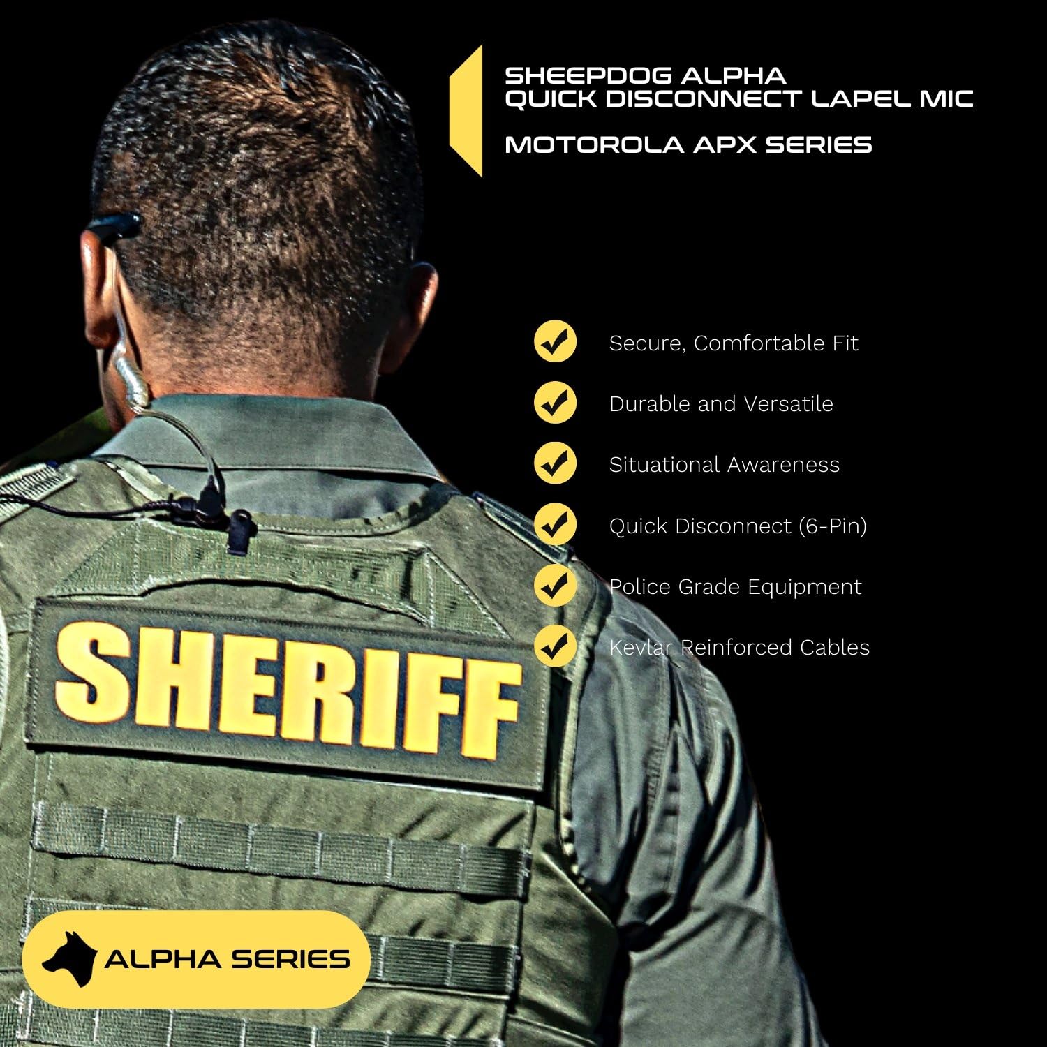 SHEEPDOG MICROPHONES Quick Disconnect Police Lapel Mic - Compatible with Motorola APX 6000/7000/8000/4000 Radios - Law Enforcement Earpiece Headset for Police Officers, Security Guards & First Responders - Perfect for Patrol, Surveillance & Emergency Communication