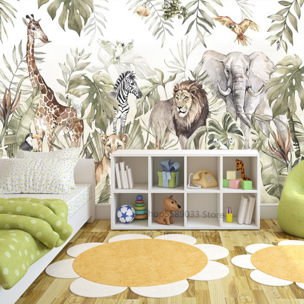 Whimsical Jungle Animal Friends Wallpaper - Adorable Wildlife Nursery Decor for Kids' Room, Playroom & Baby Shower - Peel & Stick Removable Wall Mural
