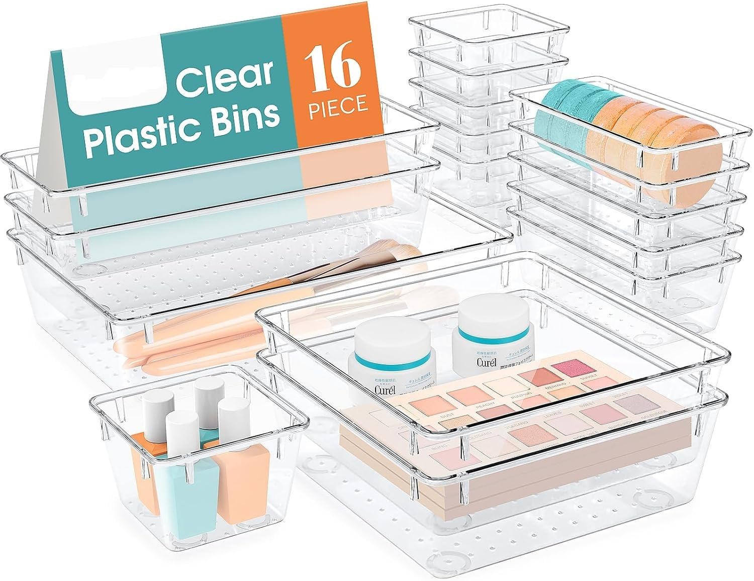 Clear Plastic Drawer Organizers Set - 16-Piece Bathroom Vanity & Kitchen Storage Trays for Makeup, Utensils, Office Accessories | Perfect for Bedroom, Bathroom & Kitchen Organization