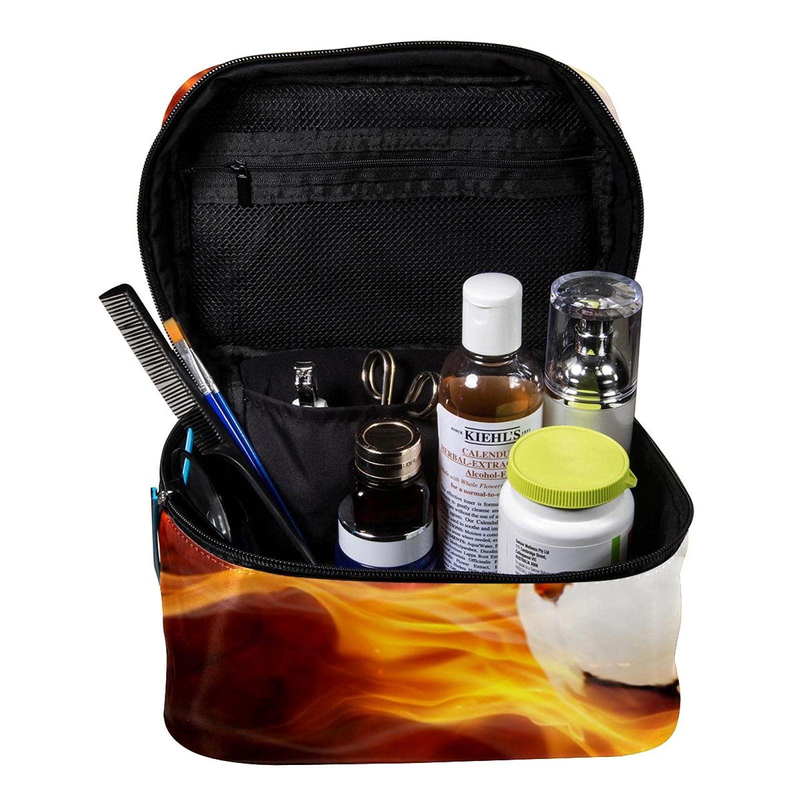 Flame Soccer Ball Design Large Cosmetic Makeup Bag - Travel Toiletry Organizer with Zipper for Women & Girls - Perfect for Sports, Gym, and Vacation Trips