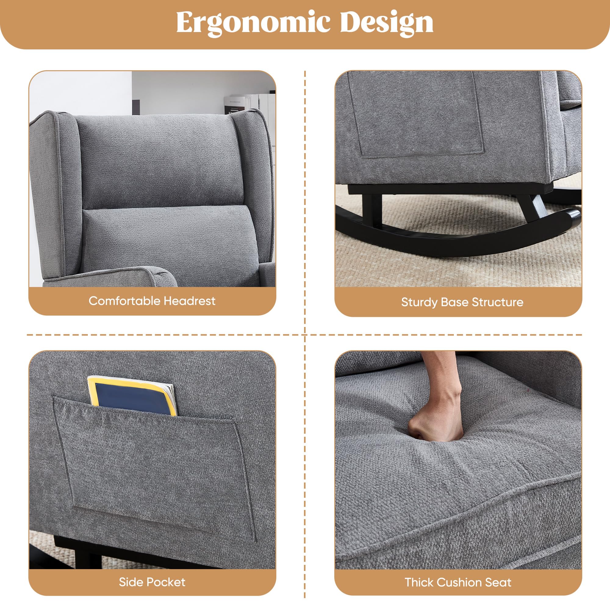 Modern Nursery Rocking Chair for Mom - High Backrest Solid Wood Rocker, Wingback Accent Chair for Reading in Living Room & Bedroom - Deep Grey | Perfect for Nursing, Relaxing & Nursery Decor