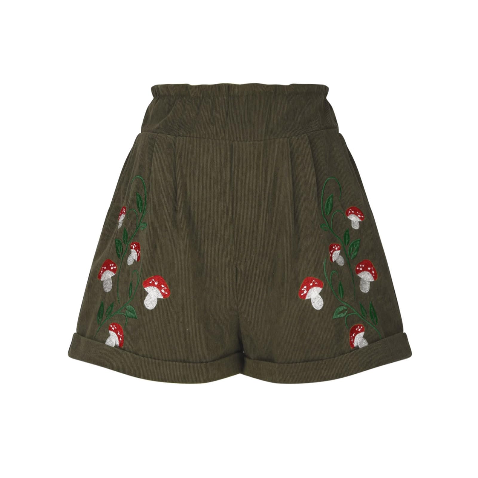 Women's Corduroy Shorts with Mushroom Embroidery - Cottagecore Summer Casual Shorts with Elastic Paperbag Waist | Perfect for Picnics, Outdoor Adventures & Boho Fashion