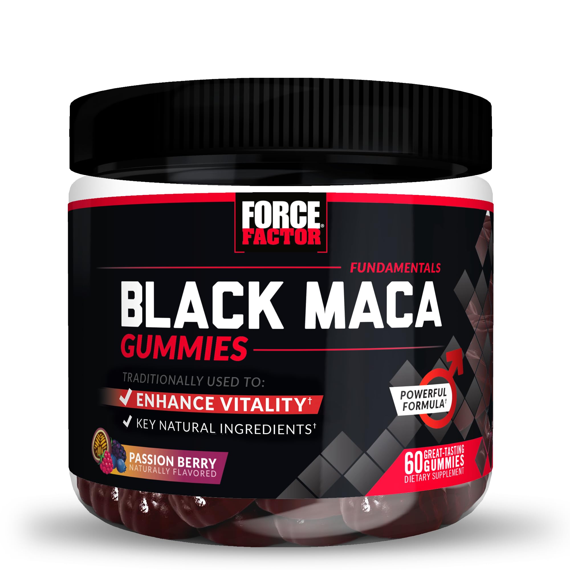 Force Factor Black Maca Gummies for Men & Women - Natural Energy & Strength Booster with Black Maca Root & BioPerine for Enhanced Absorption, Passion Berry Flavor (60 Count) - Perfect for Workout Recovery & Daily Vitality Support
